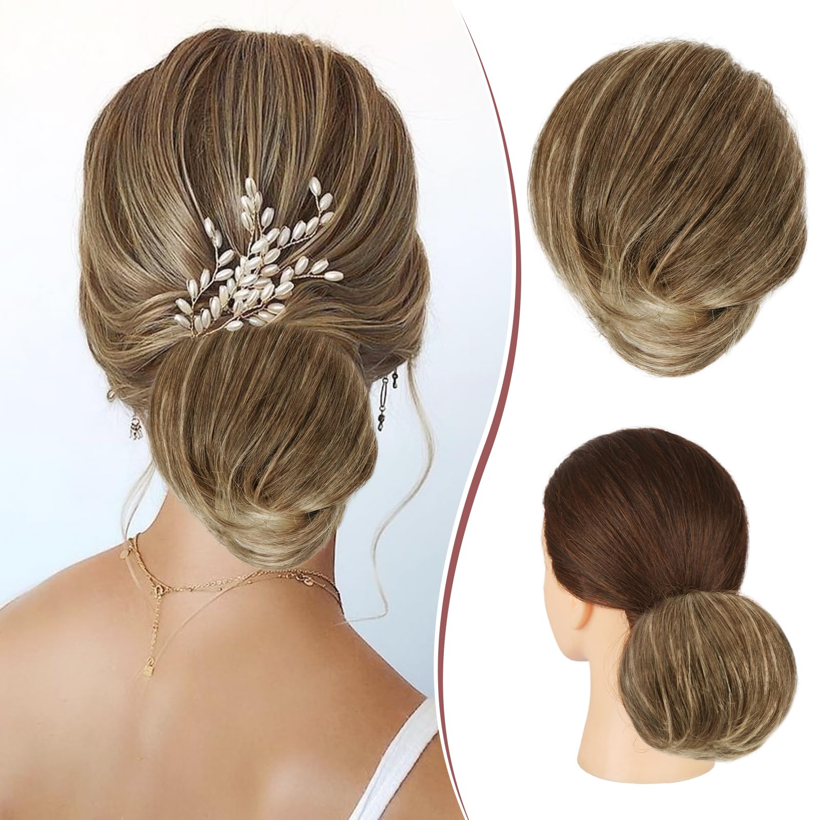 RUWISS Long Thin Straight Tousled Updo Bun Real Human Hair Elegant Hair Pieces Hair Bun Long Scrunchie Extension for Women 20g (Brown Mixed Light Blond)