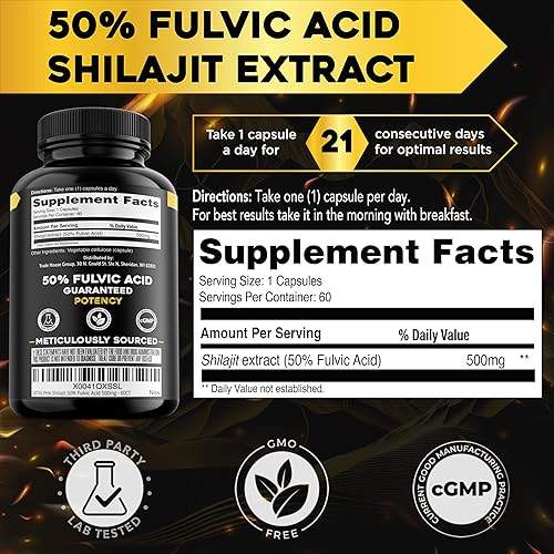 Miniatura 3 de Cápsulas naturales de potencia de resina Shilajit (50% ácido fúlvico)  Shilajit orgánico puro del Himalaya fabricado en Estados Unidos  85+