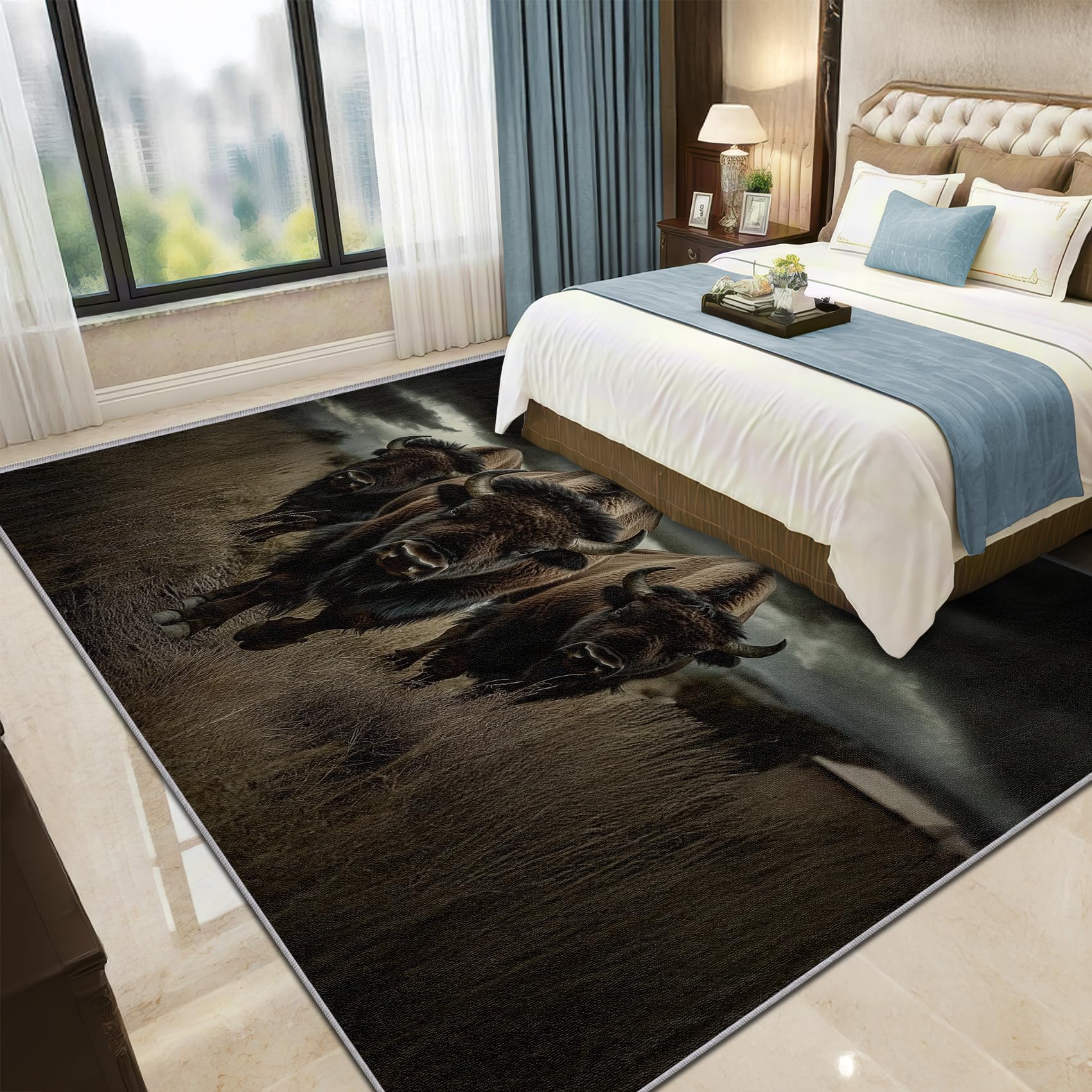 Bison Teppich Waschbar, Wildtiere Schwarz Teppich 80x150 cm, Natur Landschaft rutschfest Waschbar Pflegeleicht Teppiche Für Schlafzimmer Küche, Schwarz