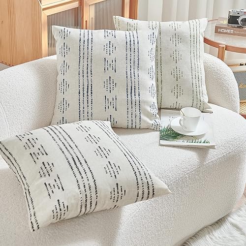 Miniatura 6 de jinchan Juego de 2 fundas de almohada de lino con patrón geométrico de rayas bohemias con textura para sofá, cama, sala de estar, 18 x 18 pulgadas,