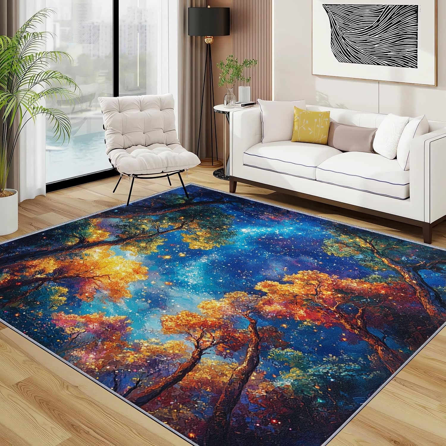 Moderner Maschinenwaschbar Kurzflor Teppich 120x180 cm Weite Sternenhimmel Sterne Super Weich Wohnzimmer Schlafzimmer Teppich MatteBlau TPR Rutschfester Teppiche für Küche, Flur, Esszimmer