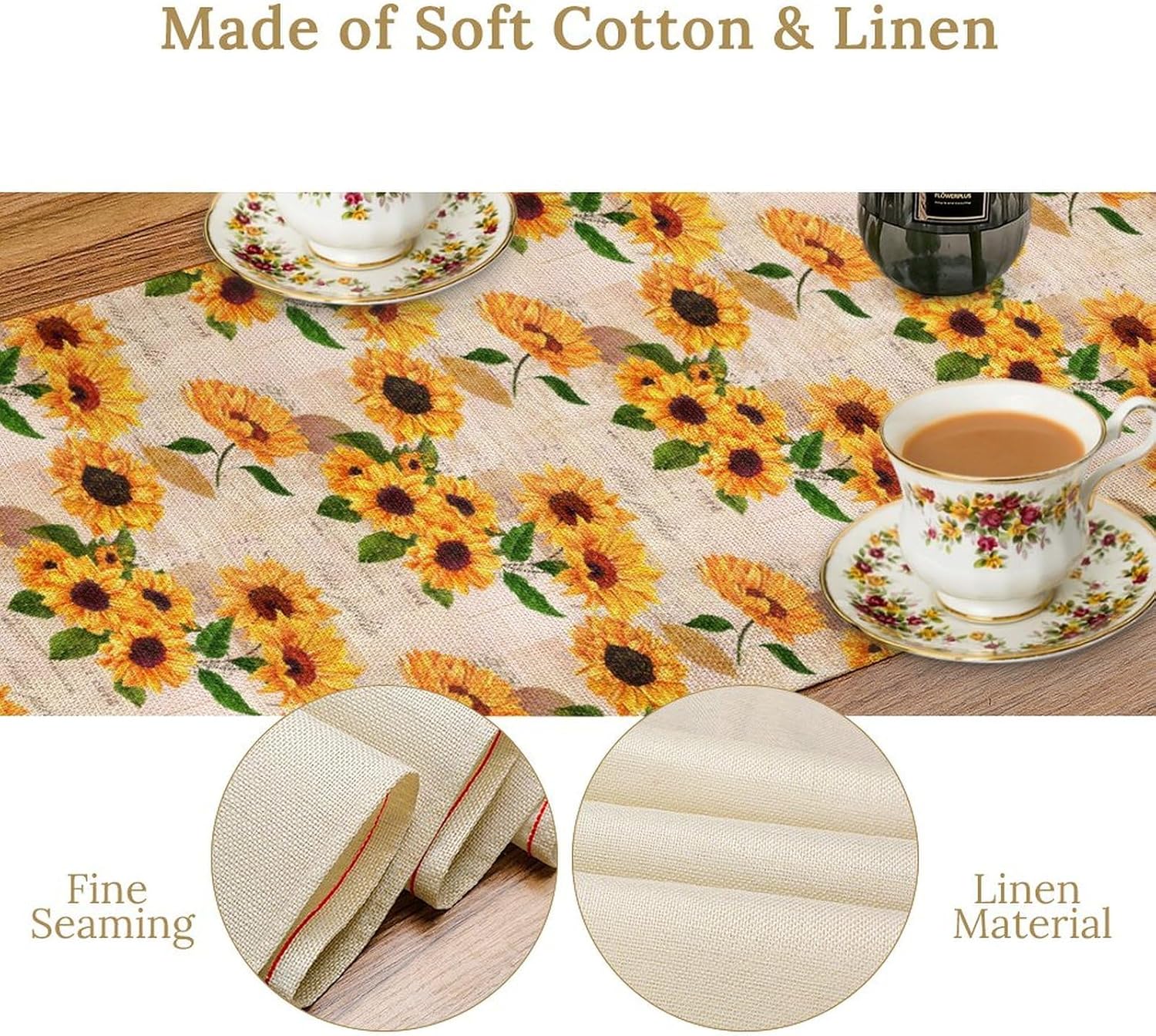 Vintage Postcard Sunflower Table Runner Yellow Beige Botanical Design Linen Home Decor for Farmhouse Indoor Outdoor Party Holiday Dining Kitchen Restaurant Cafe W13xL120in