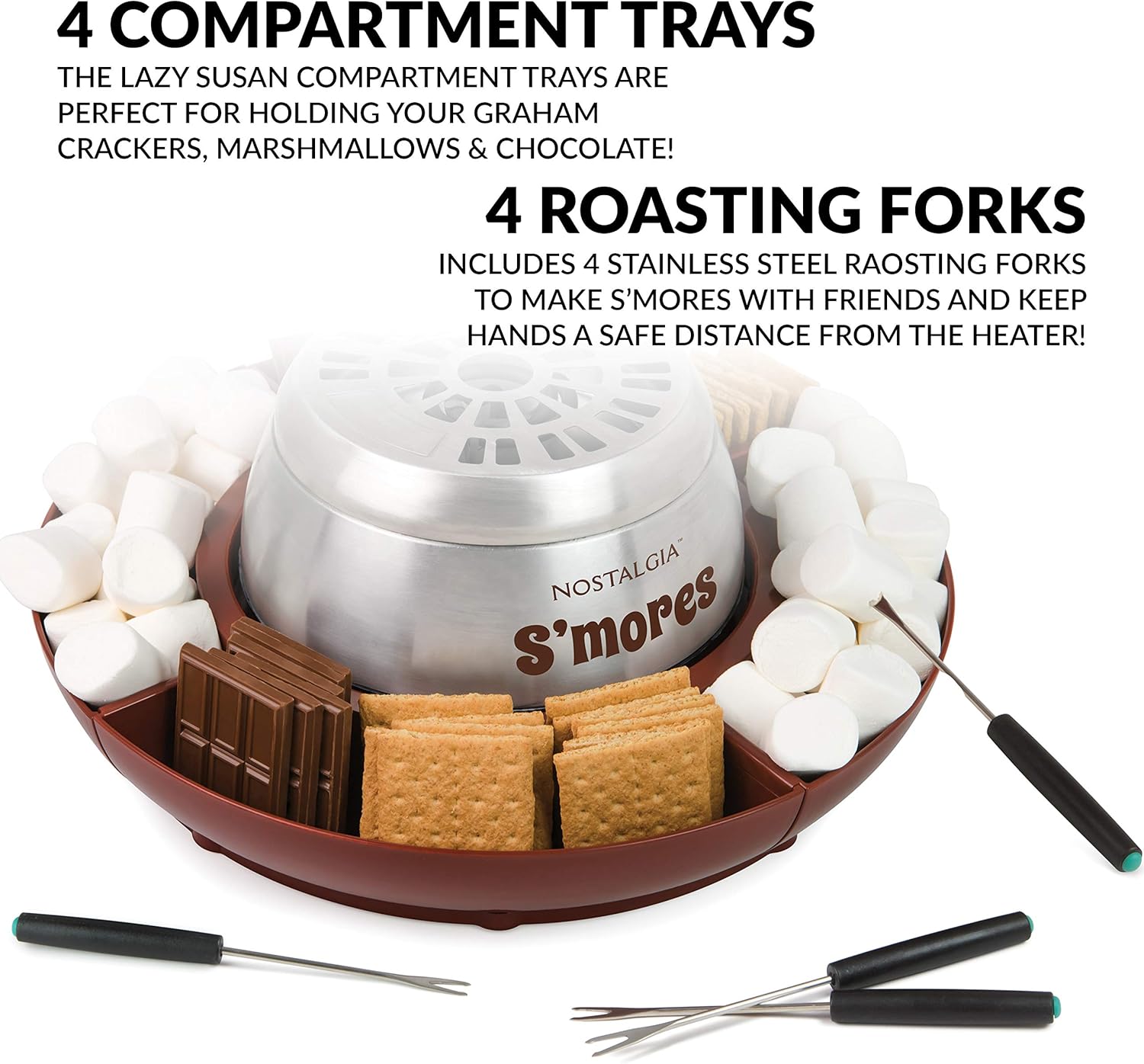 Nostalgia Tabletop Indoor Electric S'mores Maker - Smores Kit With Marshmallow Roasting Sticks and 4 Trays for Graham Crackers, Chocolate, and Marshmallows - Movie Night Supplies - Brown