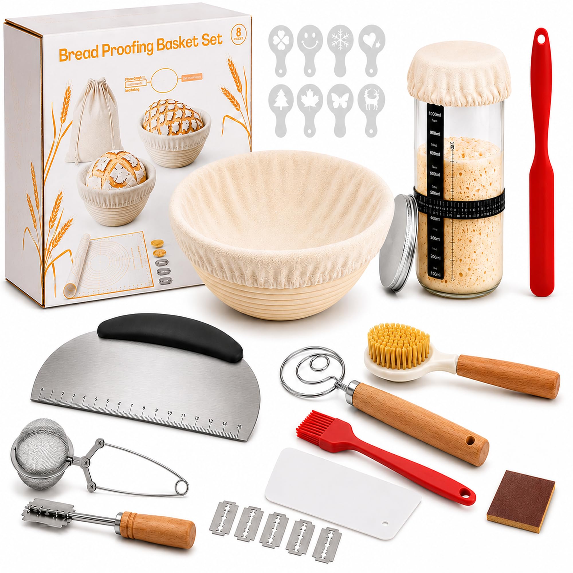 Sourdough Starter Kit with Glass Jar, Banneton Proofing Basket, Dough Whisk, Bread Lame, Scrapers and Baking Tools, Complete Bread Making Set for Beginners, Sourdough Starter for Home Bakers.