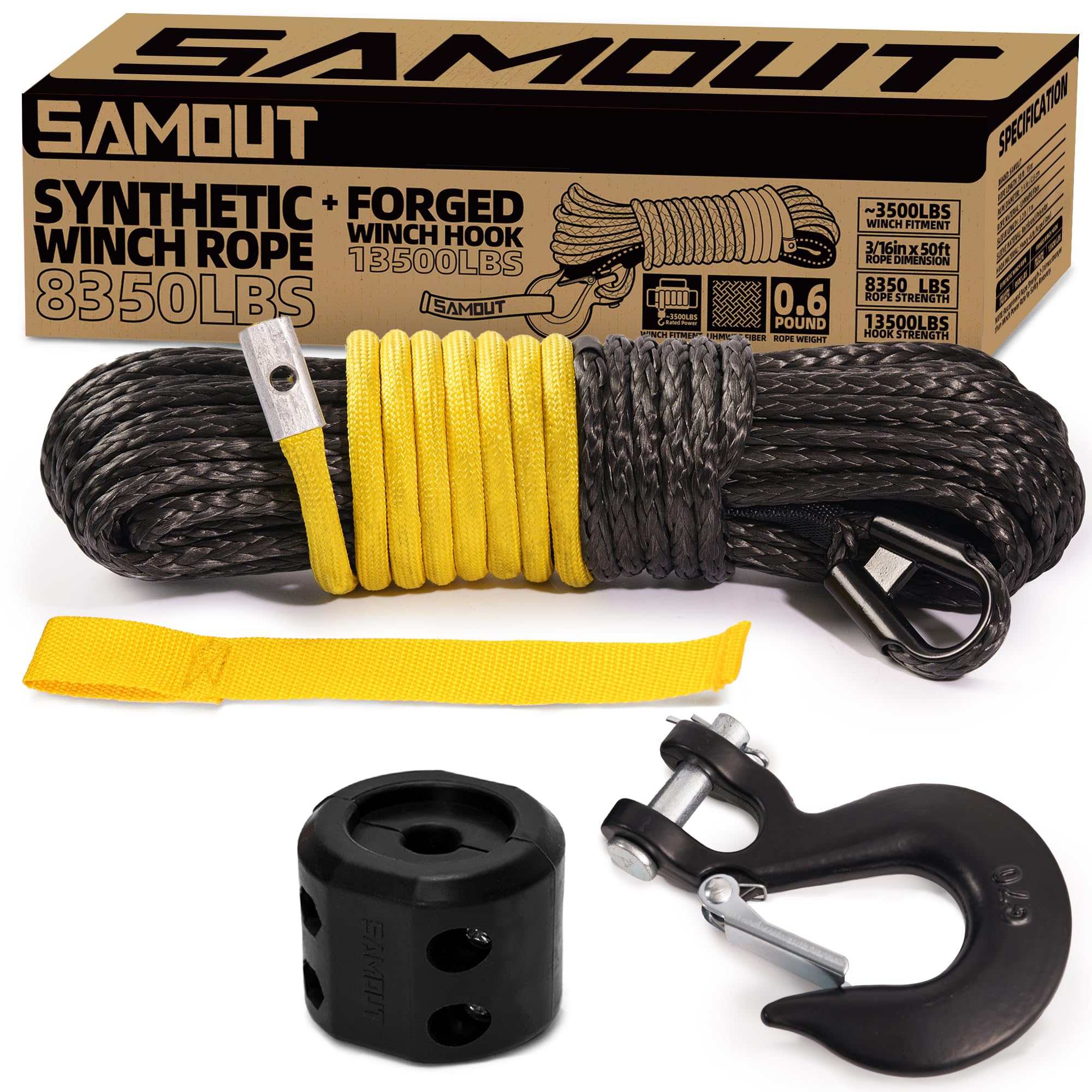 SAMOUT Synthetic Winch Rope Kit, 3/16in x 50ft 8350LBS Cable + Forged 13500LBS Winch Hook + Rubber Stopper + Safety Pull Strap, Yellow