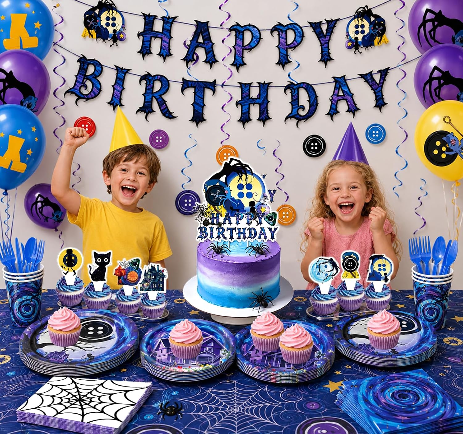 185PCS Horror Birthday Party Decorations, Ghost Button Birthday Party Supplies with Banner, Plates, Napkins, Cups, Tablecloth, Balloons, Cake Toppers, Hanging Swirls & Black Cat Foil Balloon (24Guest) image 5