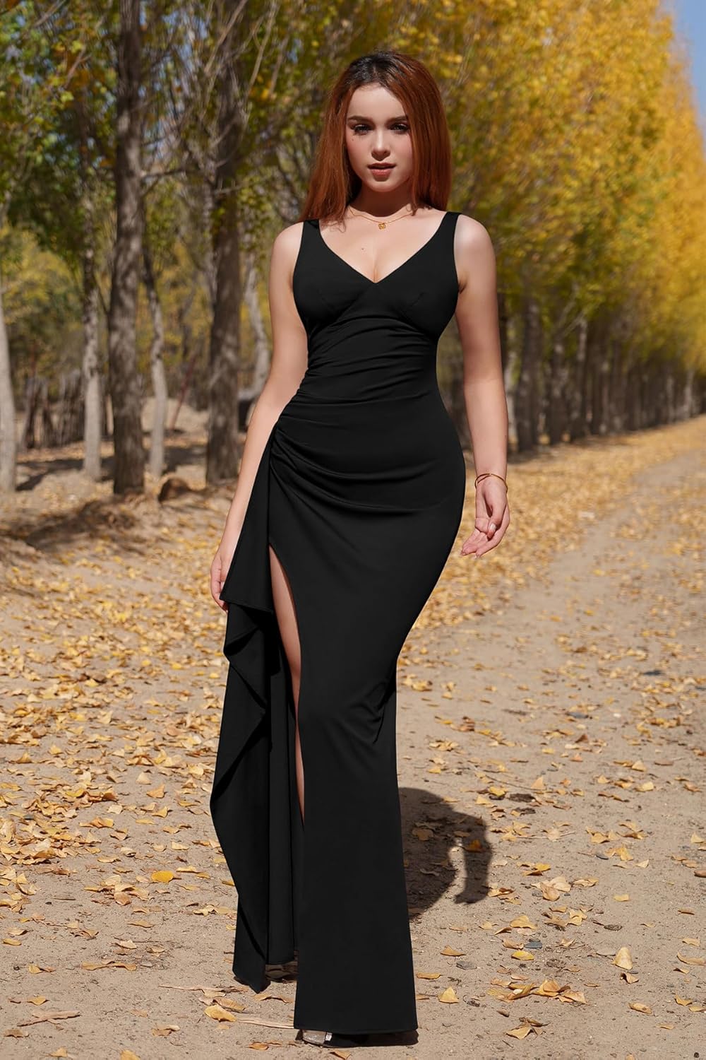 Memoriesea Women's Deep V Neck High Slit Bodycon Ruched Evening Party Gown Maxi Dress