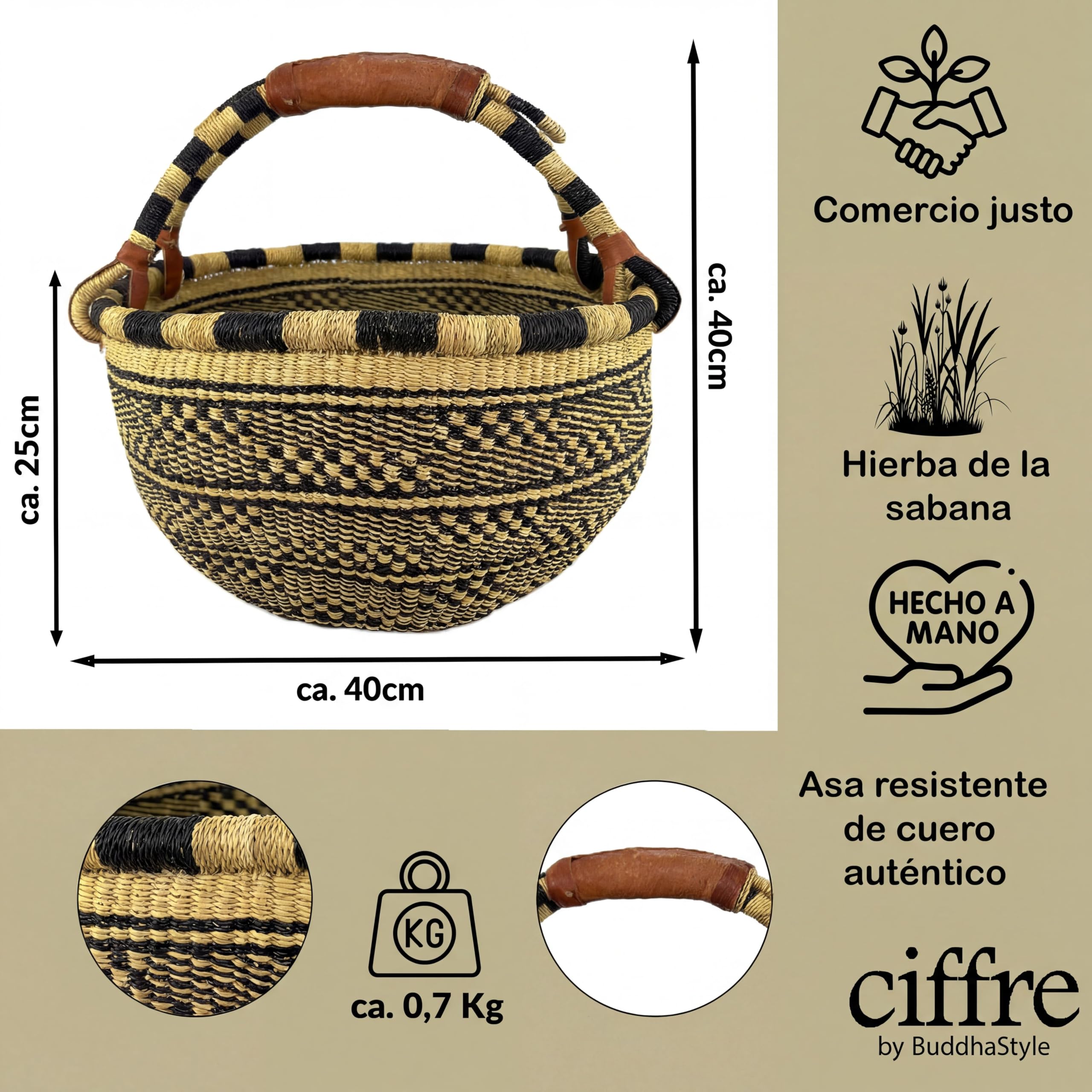 Cesta Redonda Bolga Grande aprox. Ø 40 x 40 cm – Hecha a Mano en Ghana – Comercio Justo – Cesta de Compra con Asa de Cuero – Tono Oscuro
