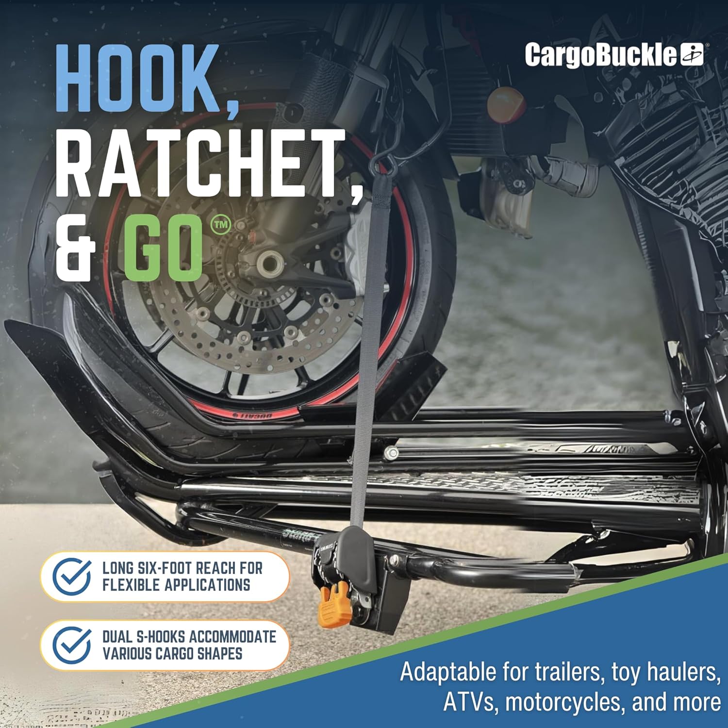 CargoBuckle Mini G3 Retractable Ratchet Straps, 1400 lbs Break Strength, 1-Inch Width X 6 ft Reach, Self Retracting Ratchet Straps for Trailers, Toy Haulers, ATVs, and Motorcycles - 2 Pack - Image 6