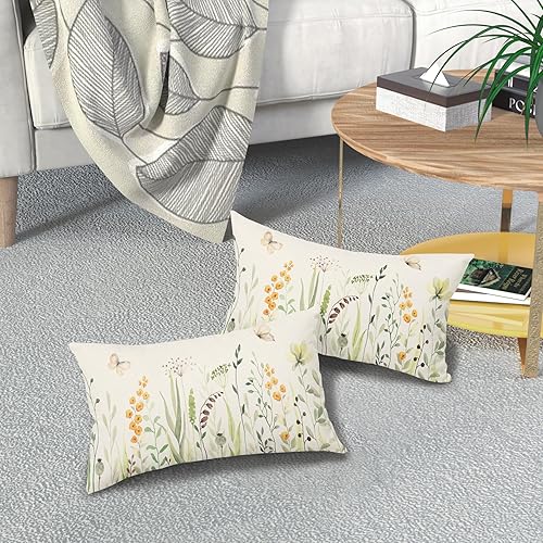 Miniatura 7 de Juego de 2 fundas de almohada lumbar florales de primavera y verano de 12 x 20 pulgadas, diseño de flores silvestres amarillas, hojas verdes,