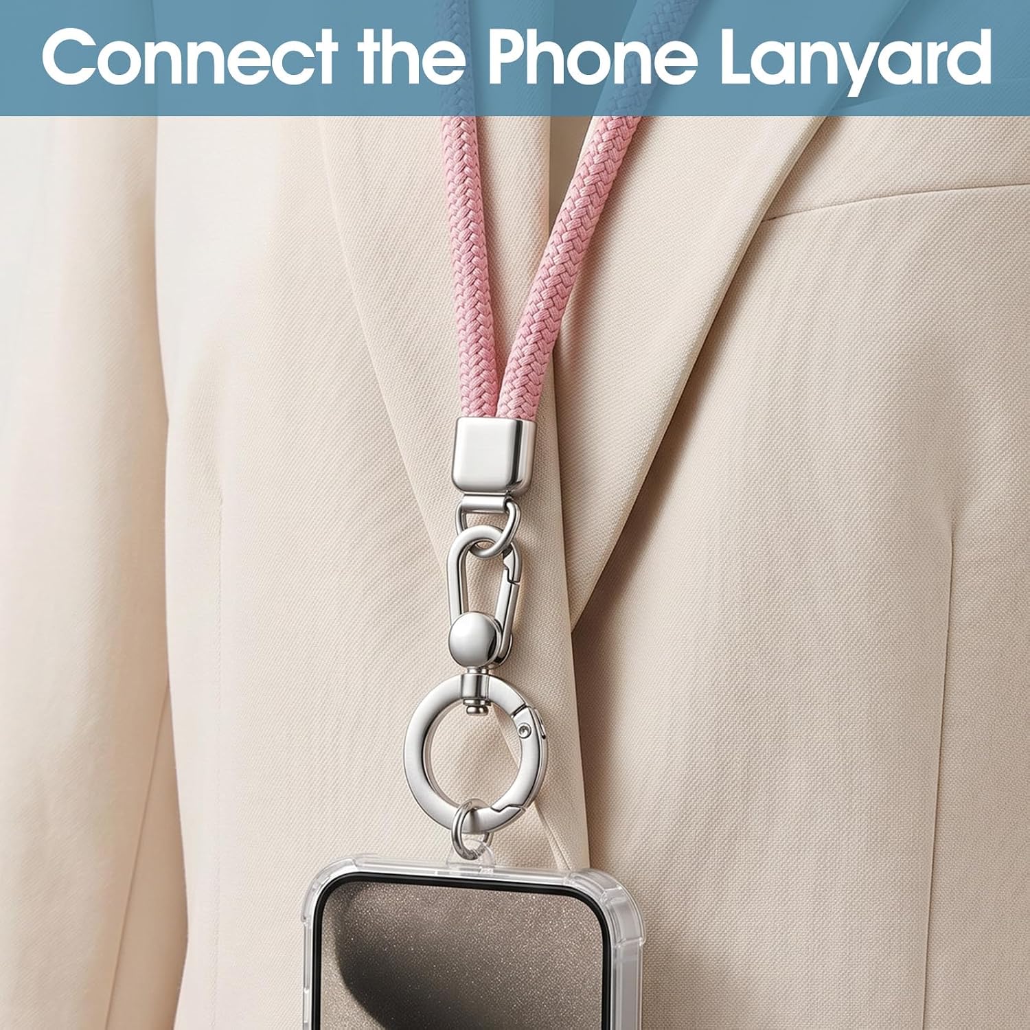 2-Pack Metal Phone Tether Tab, Anti Lost Lanyard Pad with 360° Rotatable Spring Ring, Universal Cellphone Grip Holder, Keychain Attachment - Silver