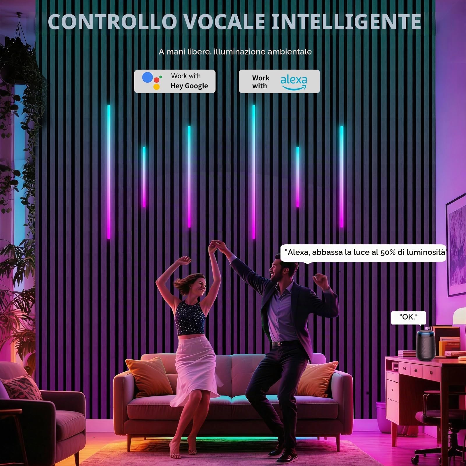 RGB+IC LED Pannelli Fonoassorbenti, 6 Pezzi Pannelli Murali Luminosi Intelligenti, Controllo con Alexa e App, Strisce LED Fai-da-te con Più Colori per Pannelli Acustici (38 * 2+56 * 2+89 * 2cm)