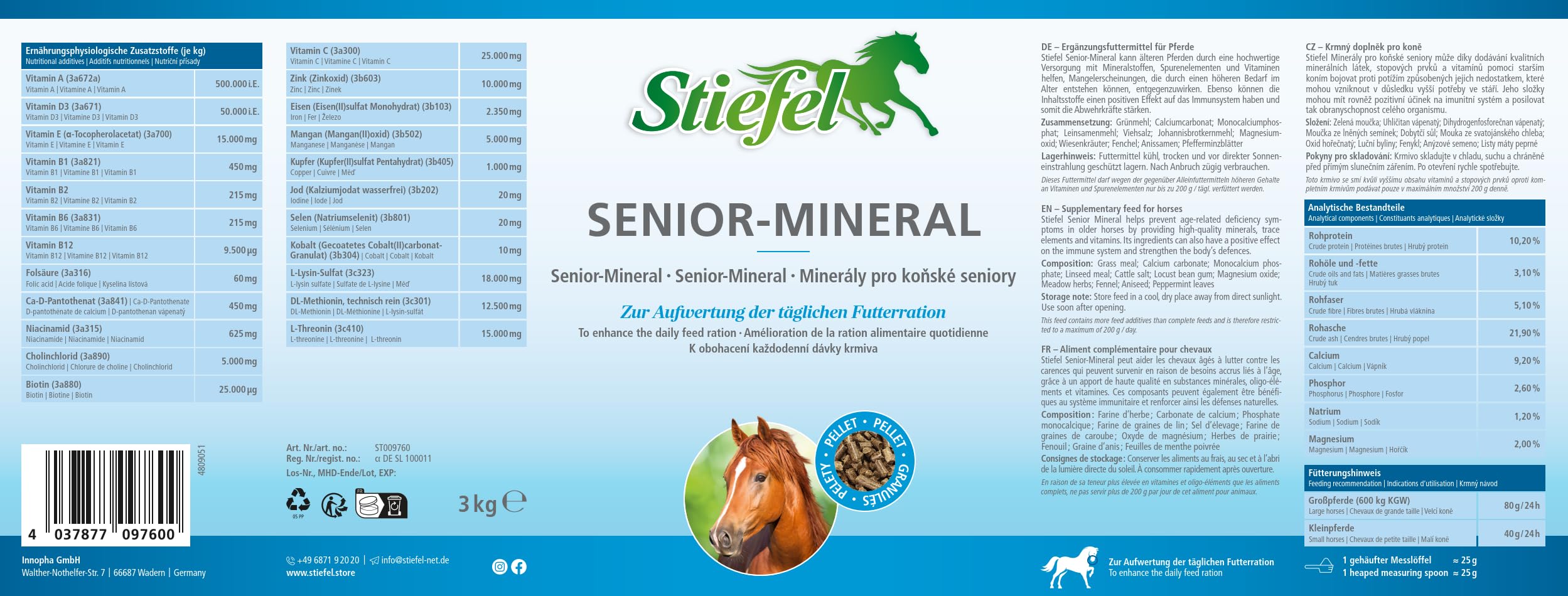 Stiefel Senior-Mineral für Pferde, hochwertige Versorgung mit Mineralstoffen, Spurenelementen & Vitaminen, für alte Pferde, Eimer, 3kg