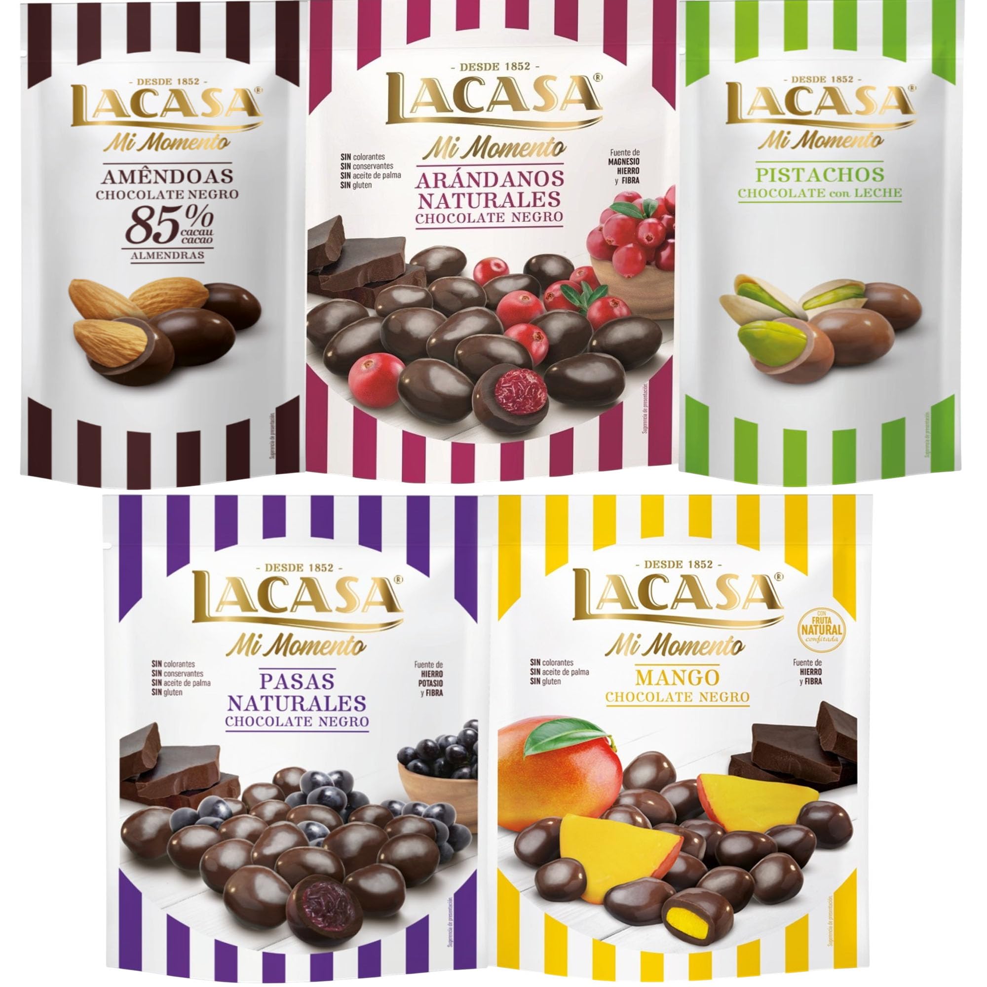 Lacasa Mi Momento pack de 5:Pistacho Chocolate Leche,Almendra 85%,Arándano Chocolate Negro,Pasas Chocolate Negro,Mango Chocolate Negro