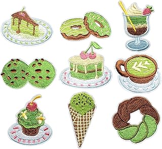 9PCS Matcha Dessert Iron on Patches, Japanese Kawaii Green Sweet Treats Cupcake Tea Prezel Icecream Embroidered Badges for Clothes, Applique for Shirts, Hats, Jeans, Jackets, Bags, Dress