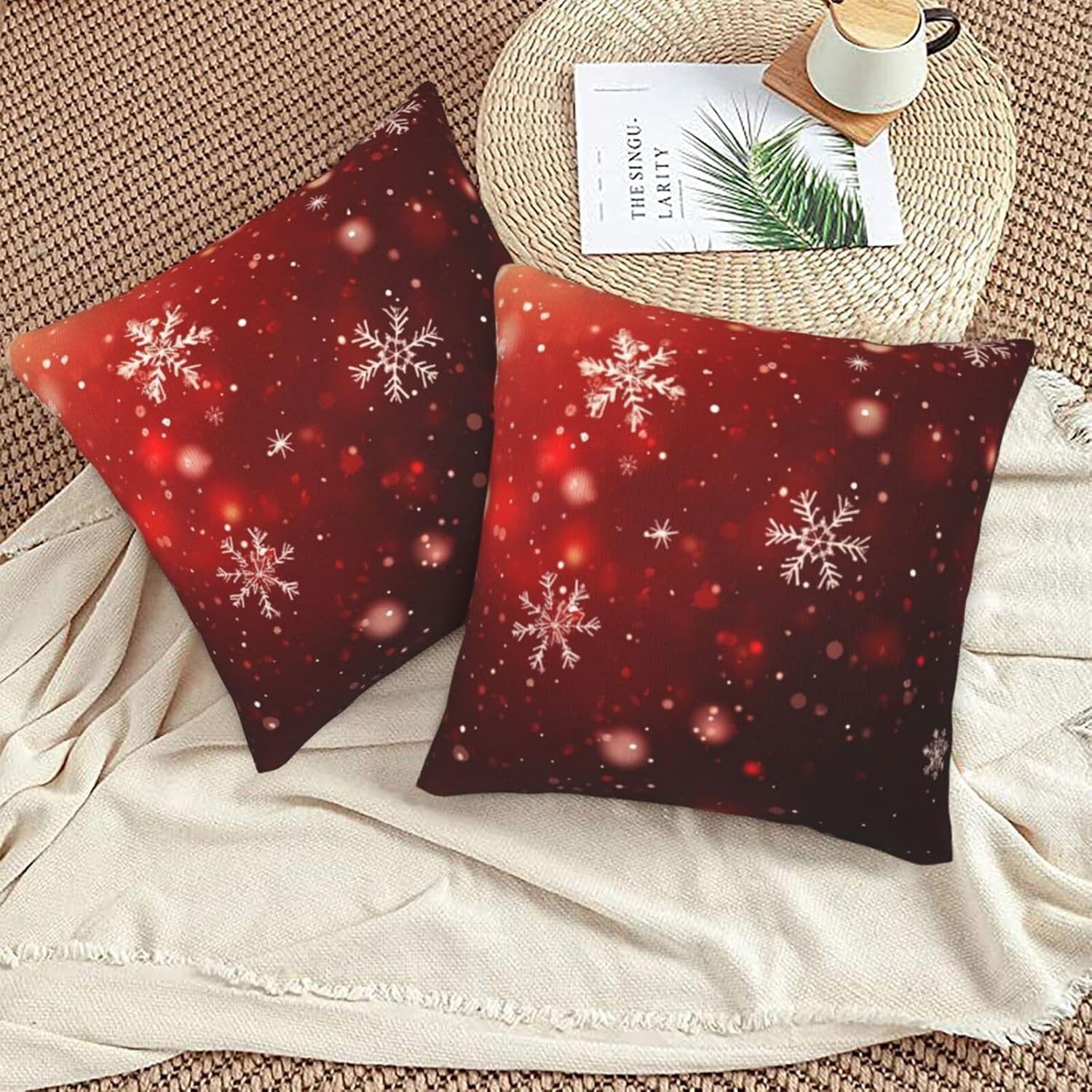 Pillow Covers Red Christmas Snowflake Xmas Glitter Festive Decorative Throw Pillow Case with Hidden Zipper 18x18 Inch 2 Set Soft Two-Sided Print for Sofa Bed Couch Holiday Home Decor