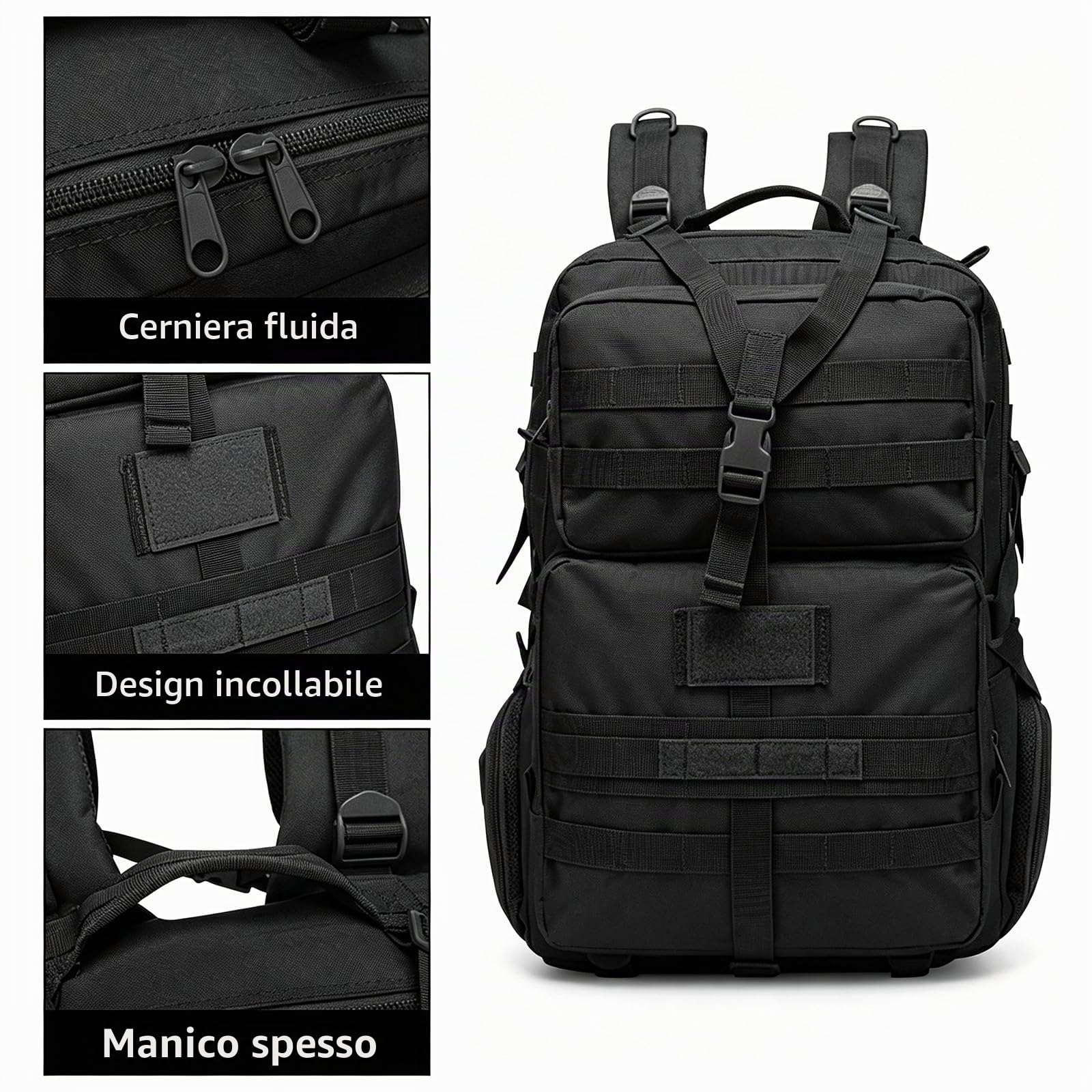 35L tattico militare zaino, Grande Esercito Assault Pack Molle Zaini Borsa per gli uomini, 3 giorni Pack Bug Out Bag Campeggio Trekking Zaino per la corsa esterna Arrampicata, Nero