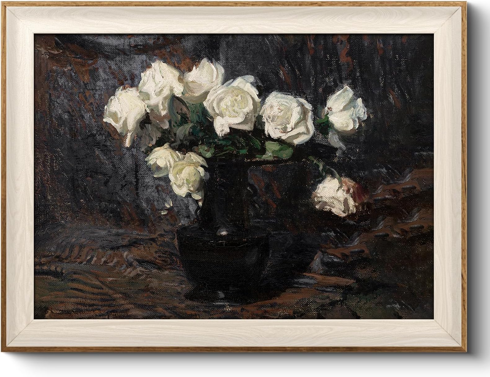 VIYYIEA Vintage Framed Canvas Wall Art, Waterproof Canvas Prints, White Roses in Vase, Holiday Gifts Wall Decor, Landscape Wall Prints, Abstract Art Wall Pictures, for home and office.