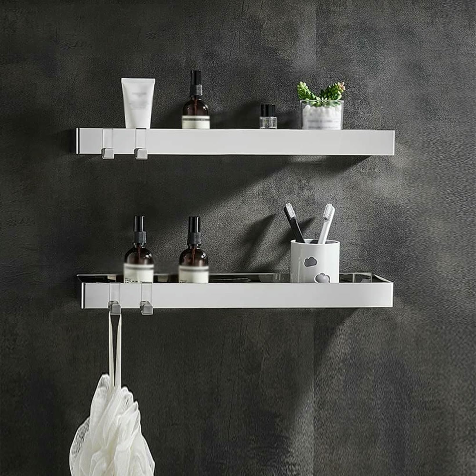 CWCQGH Wall Mounted Bathroom Shelf - Sturdy Floating Storage Rack with Hook for Cosmetics and Kitchen Spices - Rectangular Design,2 Layers of Sier-40Cm