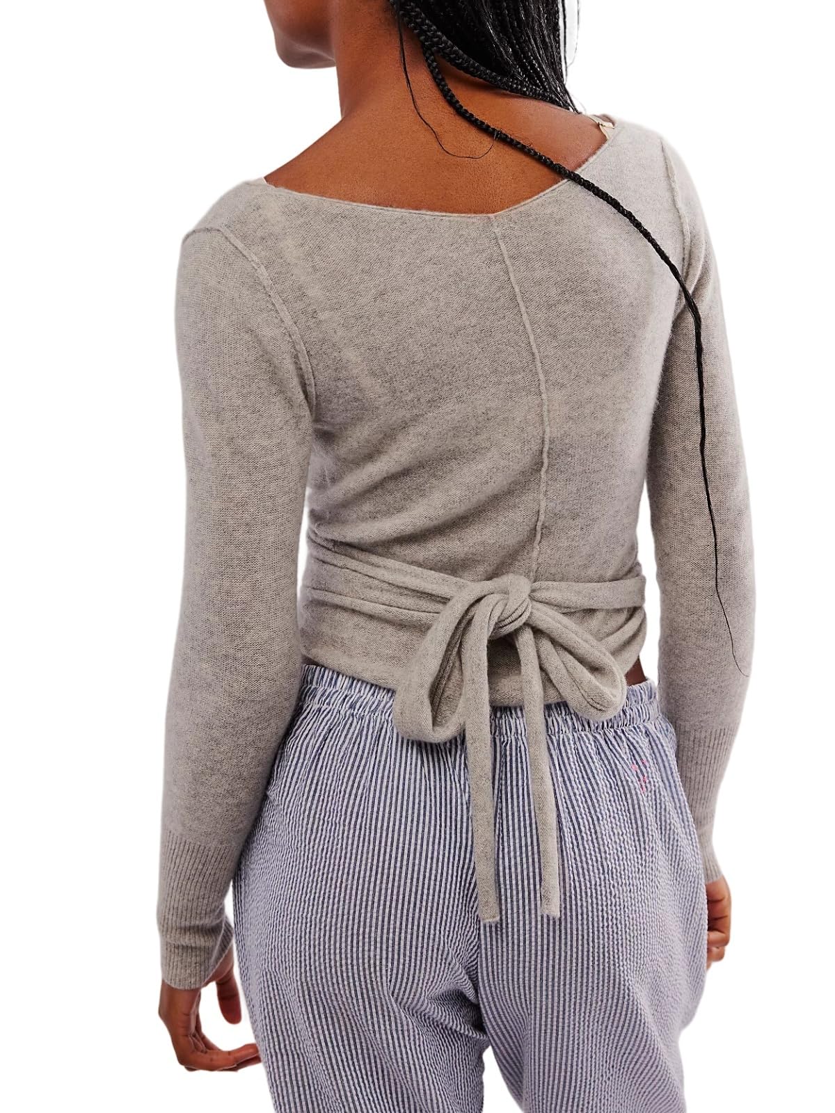 Womens Wool Tie Front Tops Crop Top Solid Long Sleeve Solid V-Neck Lightweight Crochet Cardigan Crop
