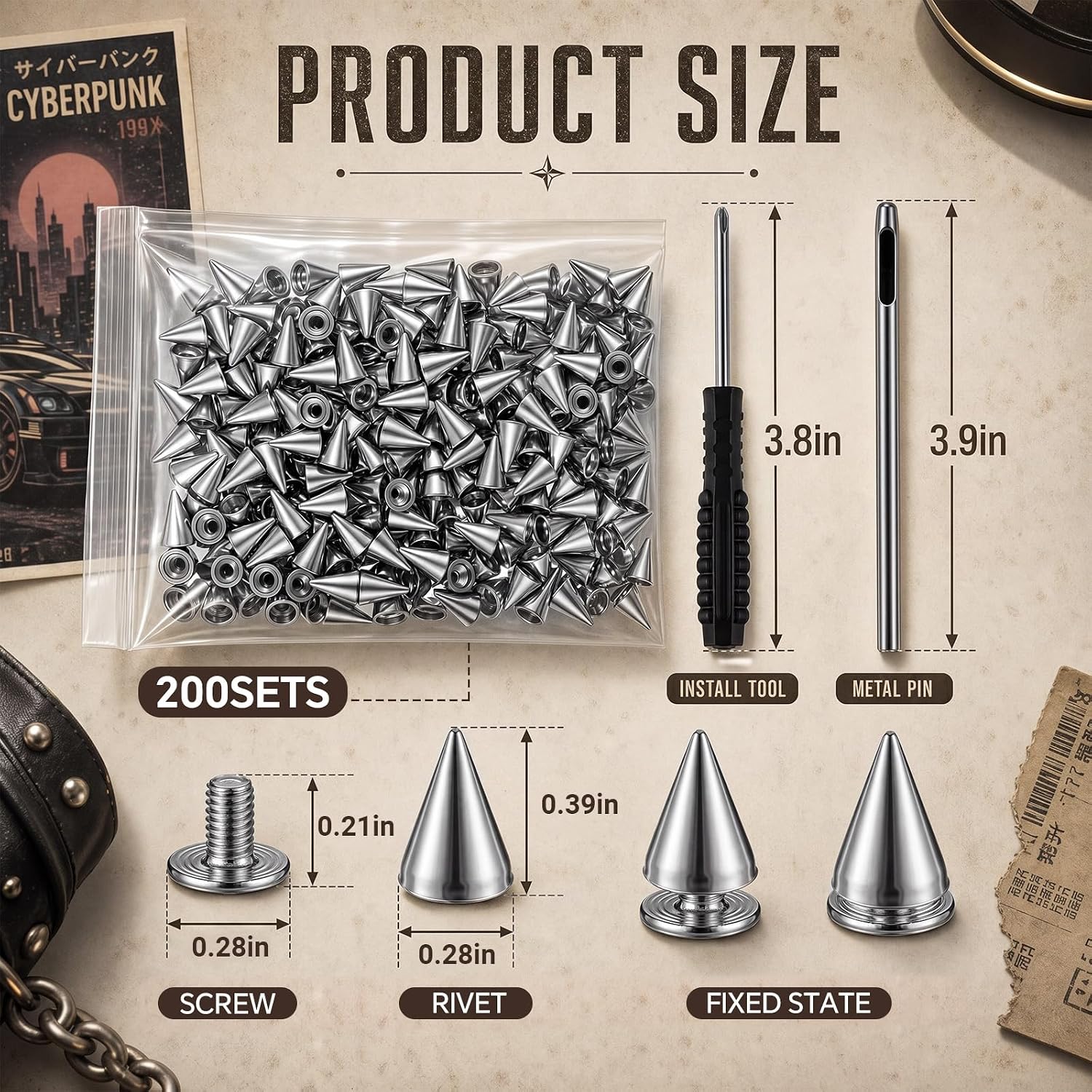 ElaraBerry 200 Sets 10 mm Cone Spikes Metal Tree Spikes Screwback Studs Rivets and 1 Pcs Punch Tool and Screwdriver for Leathercraft Punk Rock Style Clothing Accessories DIY Craft Decoration