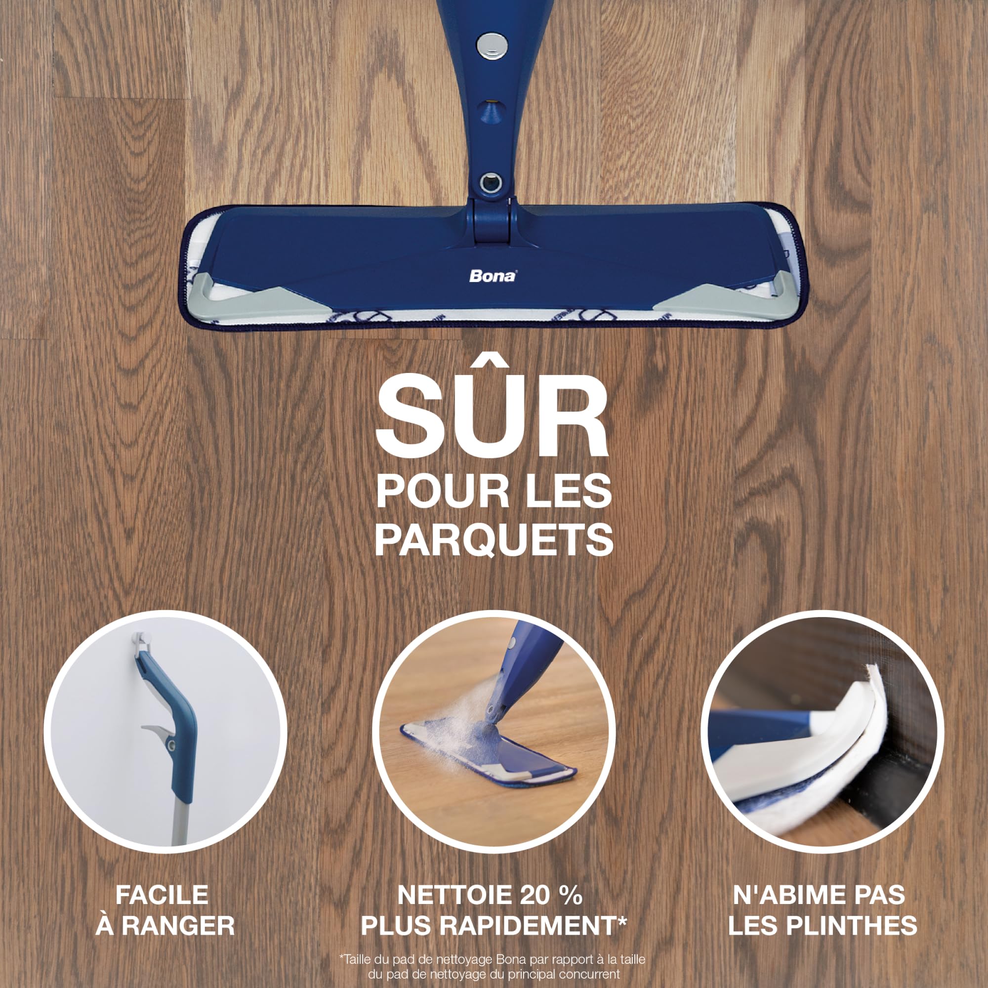 Balai Spray avec Reservoir - Bona + 850 ML Nettoyant Parquets + 2 Pads en Microfibre - Balai Serpillère Vaporisateur - Kit Nettoyage Sol - Balai Serpillere Professionnel, Bleu