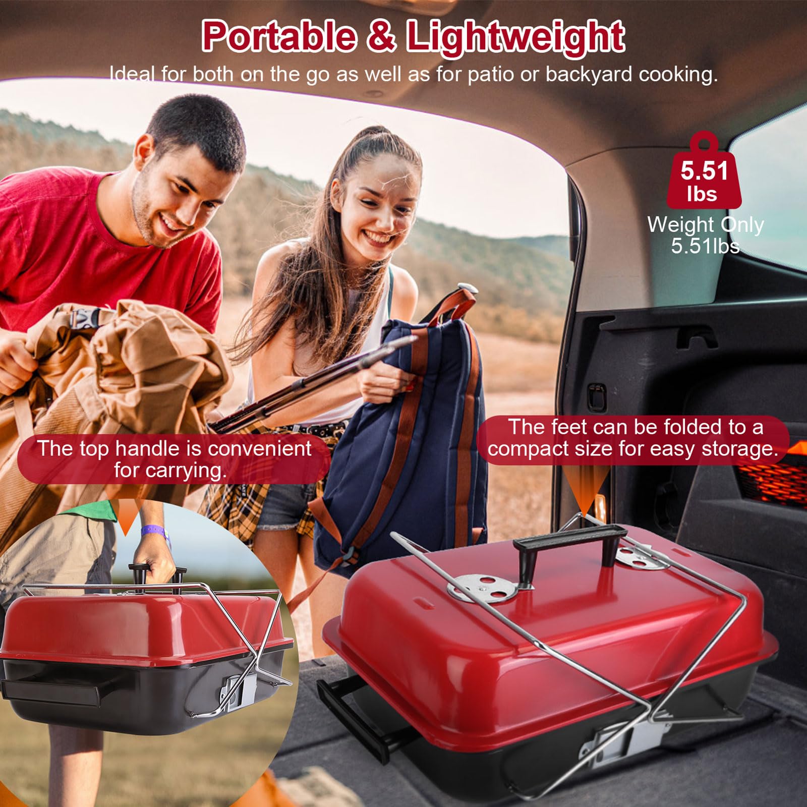 KOCASO Barbecue portatile a carbonella, griglia pieghevole per barbecue, da tavolo con coperchio, griglia da campeggio per esterni, patio, cortile, feste, picnic, spiaggia, viaggi, griglia pieghevole