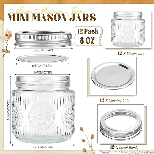 Miniatura 7 de Tarros Mason de 8 onzas  Tarros de vidrio pequeños vintage con tapas de metal plateado, tarros de conservas de boca regular, seguros para