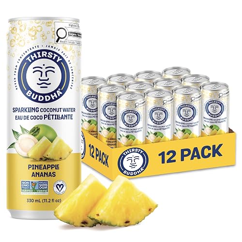 THIRSTY BUDDHA Sparkling Coconut Water with Pineapple, No Added Sugar, Pure Coco Drink, Natural Fruit Flavour, Electrolytes & Nutrients-Rich, 12 Pack, (12/330ml) - Pineapple
