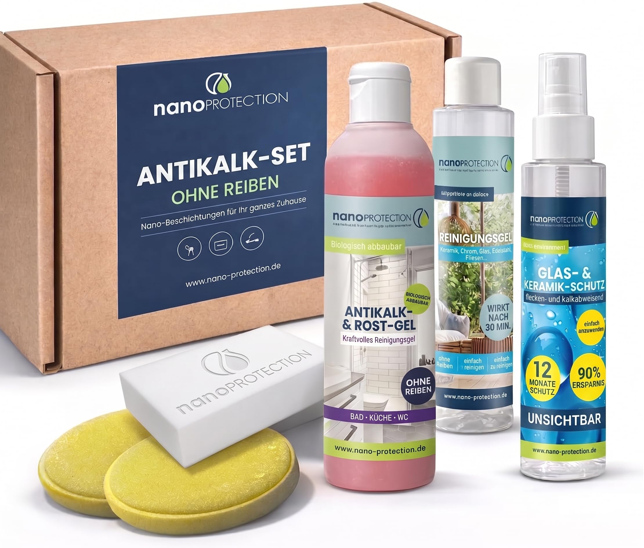 NANOPROTECTION – Anti-Kalk Pflege-Set Für Duschwand Und Badezimmer | Kraftvoller Reiniger Und Langzeitschutz | Anti-Tropfen-Effekt | Für Glas, Waschbecken Und Fliesen