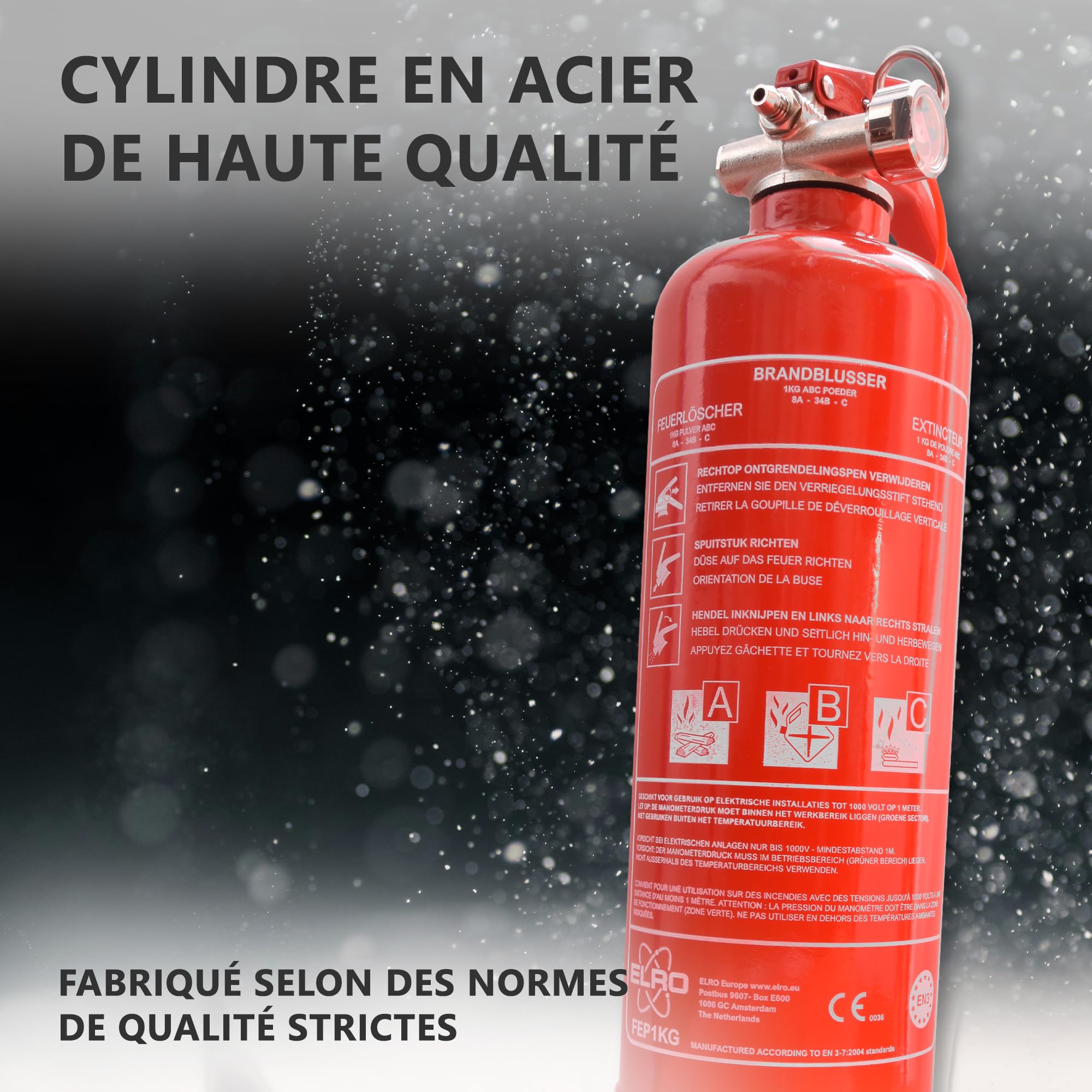 ELRO FEP1KG Extincteur à Poudre 1 kg – Classes ABC – pour Voiture, Maison, Caravane, Garage – Certifié en 3