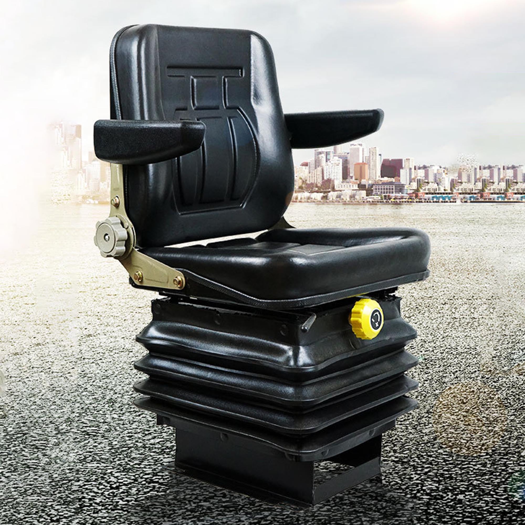 IPSU Asiento Universal para Carretilla Elevadora, Asiento De Tractor con Absorción De Impactos De 3 Niveles, Asiento De Excavadora De Cuero Plegable con Respaldo y Reposabrazos Ajustables