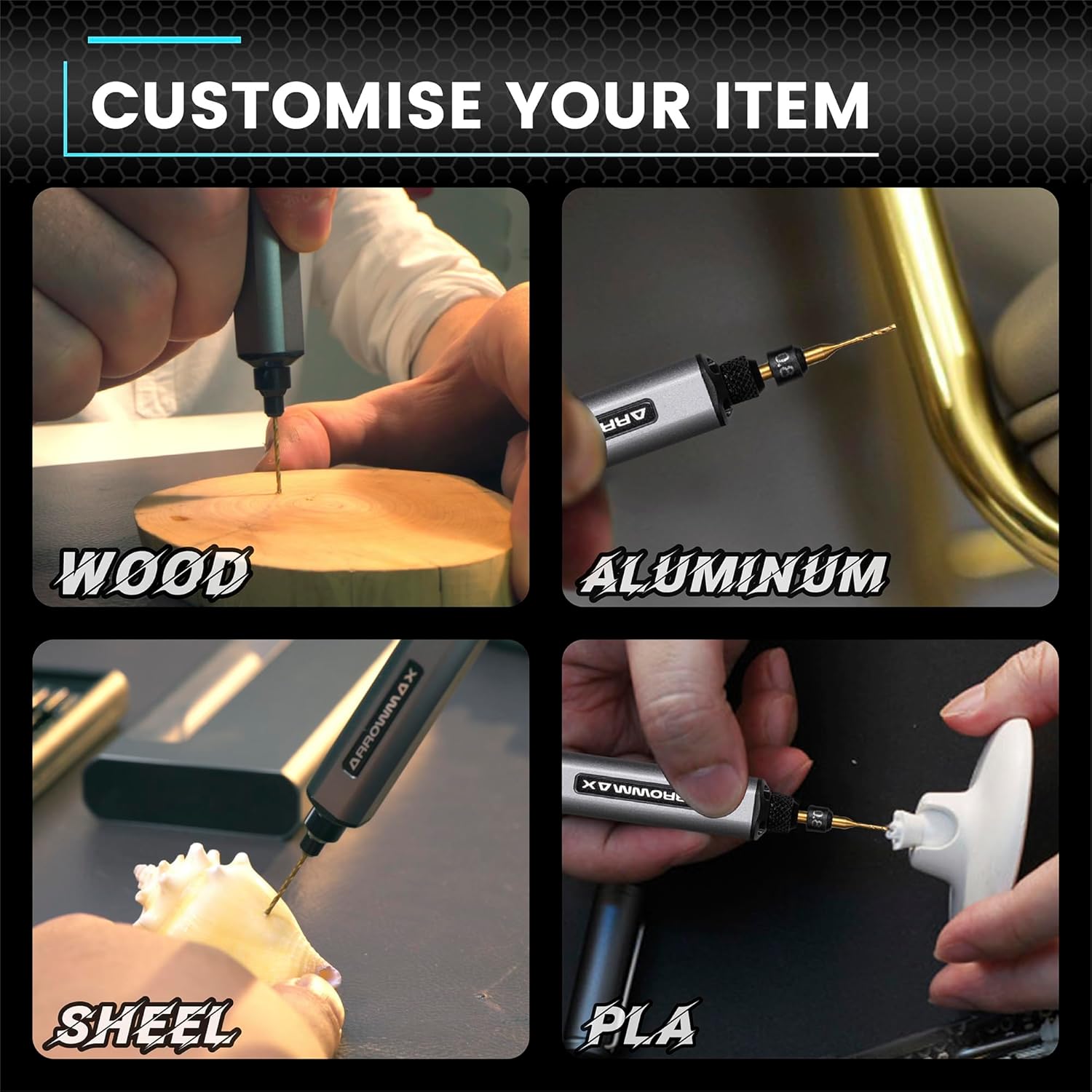 The ARROWMAX SDS MINI 22 Mini Electric Drill being used to drill into various materials: wood, aluminum, a seashell, and PLA plastic, demonstrating its versatility.