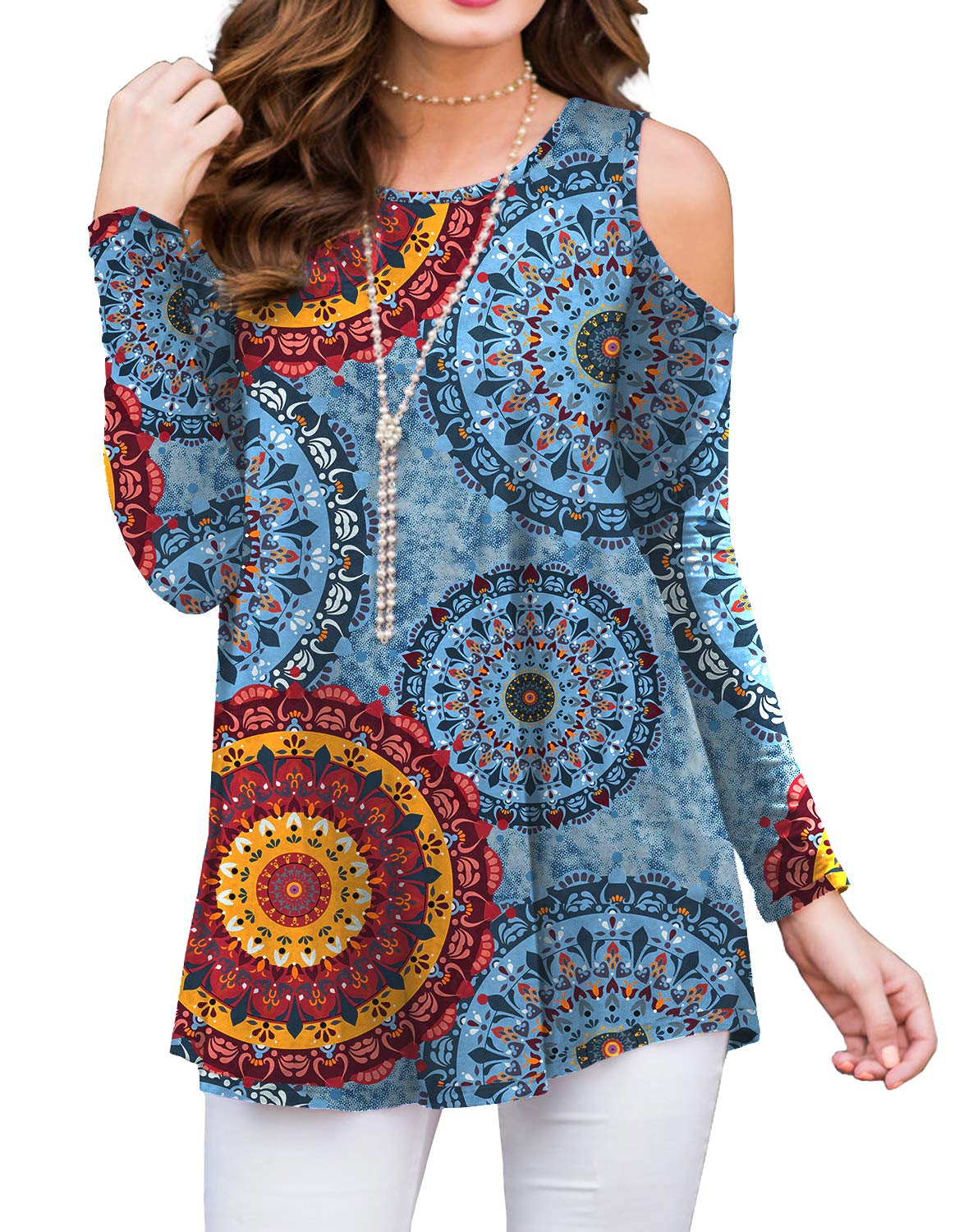 PrinStory Women's Blouse Tunic Tops Short/Long Sleeve Cold Off Shoulder Round Neck Casual Loose Shirts