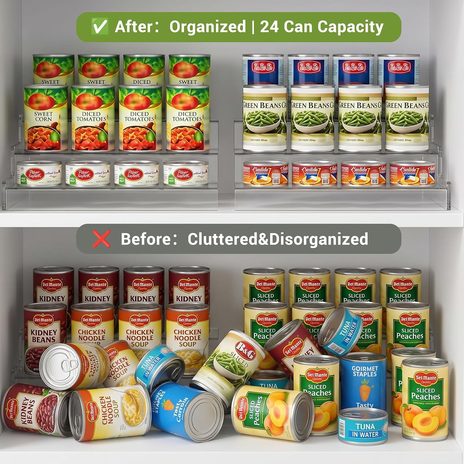 3-Tier Expandable Acrylic Can Organizer for Pantry, Holds 24 Cans