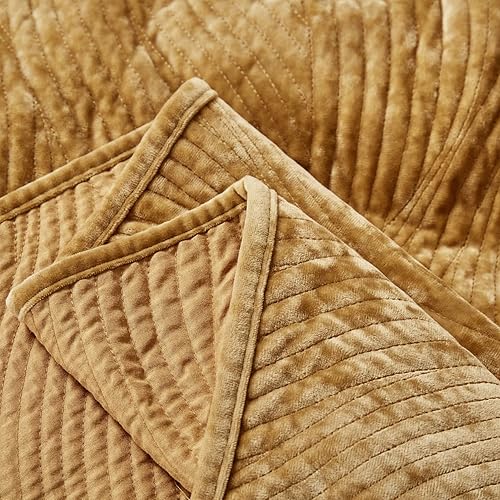 Miniatura 3 de Tache Velvet Dreams - Juego de colcha de terciopelo de terciopelo súper suave, cálido, acogedor, elegante, ondulado, puntada acolchada, color oro