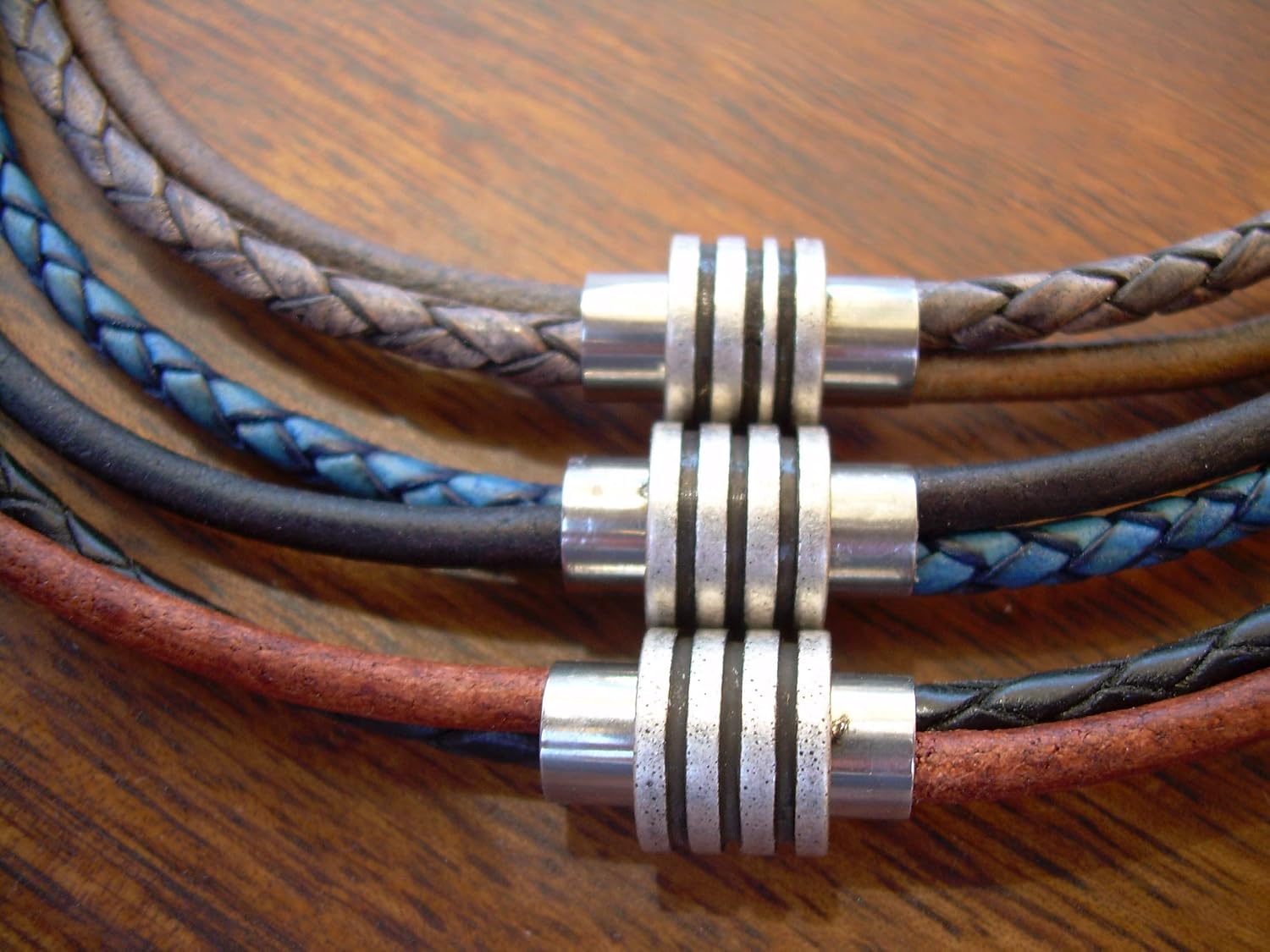 Double Strand Braided and Smooth Leather Cord Chain Necklace with Stainless Steel Magnetic Clasp - Genuine Leather Necklace for Men and Women - Available sizes: 16,18,20,22,24 inch or Custom