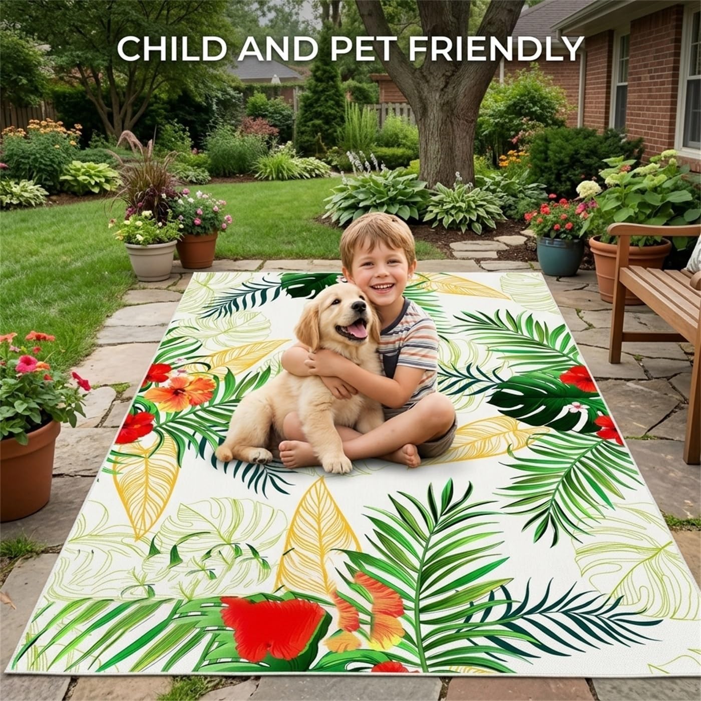 Green Pink Tropical Palm Monstera Leaves Floral Outdoor Rug for Patio Decl Backyard Balcony Porch Machine Washable Waterproof Outside Carpet RV Camping Kitchen Laundry Bathroom Floor Rug 3x5