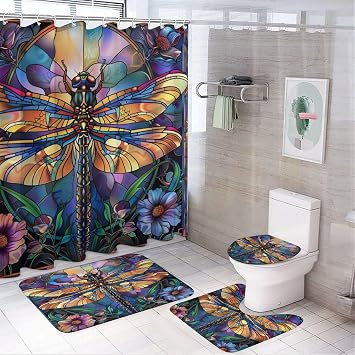 4Pcs Colorful Abstract Dragonfly Shower Curtain Set with Toilet Lid Cover Non-Slip Rugs for Bathroom, Fantasy Stained Glass Insect Floral Shower Curtain Bathroom Sets with Hooks, 72x72 Inch