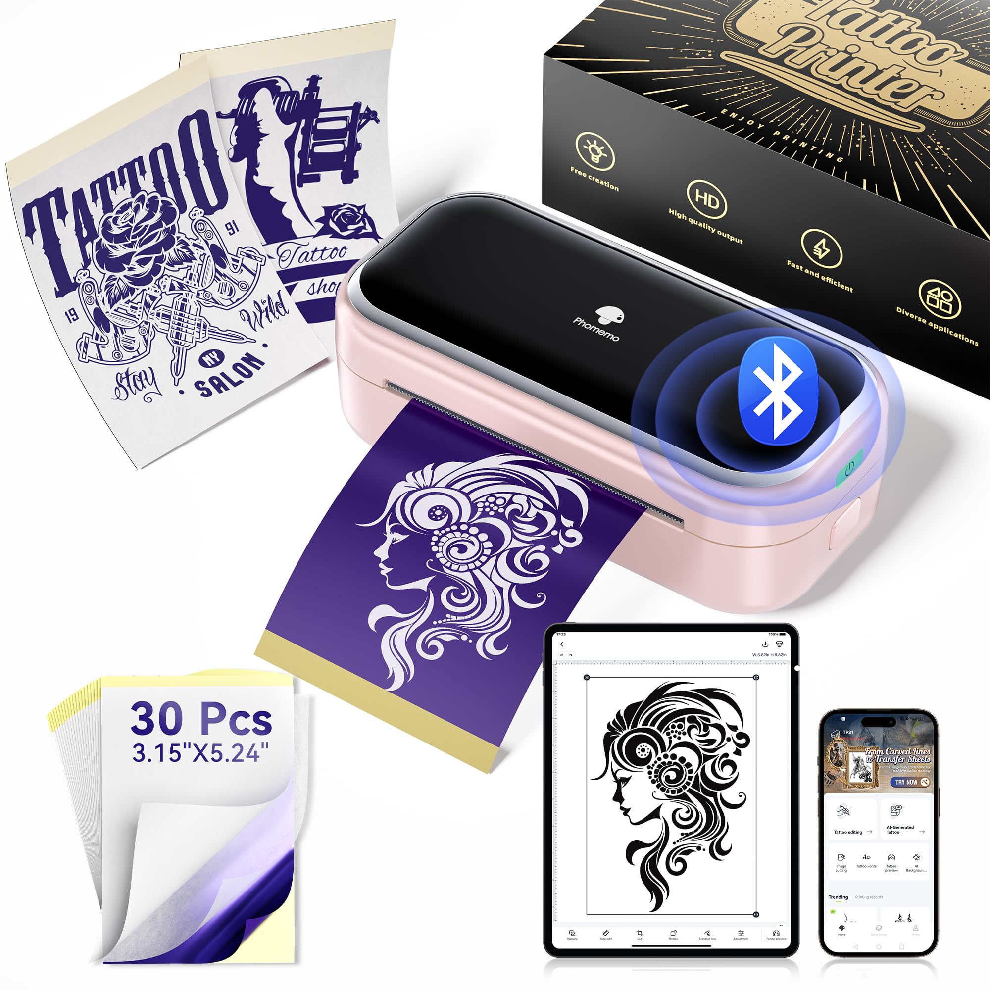 Phomemo TP31 Tattoo Stencil Printer -Mini Tattoo Printer Machine with 30pcs Transfer Paper,Small Portable Travel Machines for Tattoo Enthusiast/Beginners/Artists,Easy to Use with Smartphone,Pad- Pink-image-43