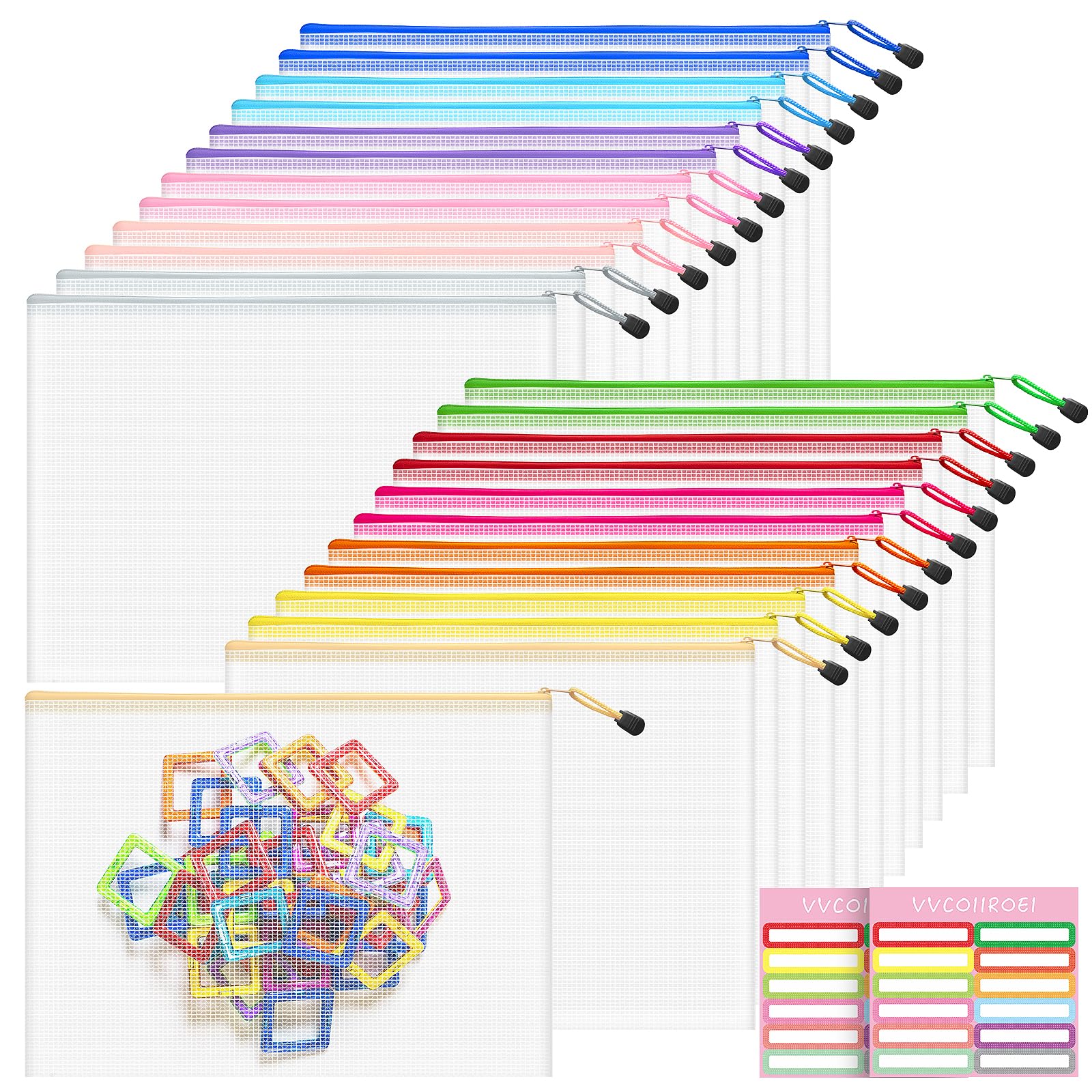 24pcs Mesh Zipper Pouch Bags, B4 Sizes Zipper Pouch, Mesh Bags with Zipper, Plastic Zipper Pouches, 12 Colors Zipper Pouches for Organizing, Puzzles, Travel, School Office Storage