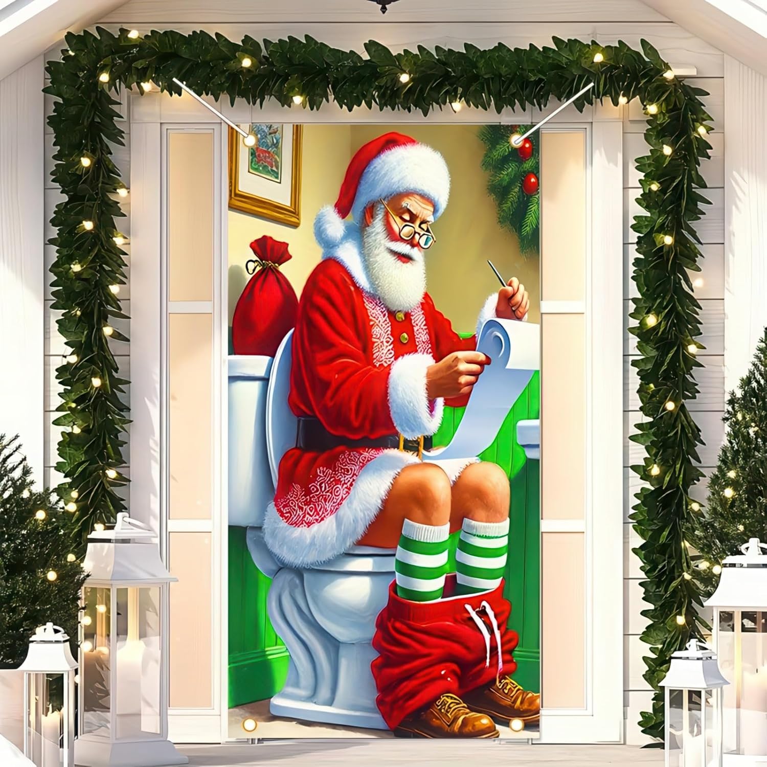 Christmas Door Cover 71x35 Inch Funny Santa Claus Toilet Door Banner Christmas Decoration for Home Indoor Outdoor Holiday Party Photo Backdrop Winter Door Hanging Décor - Image 2