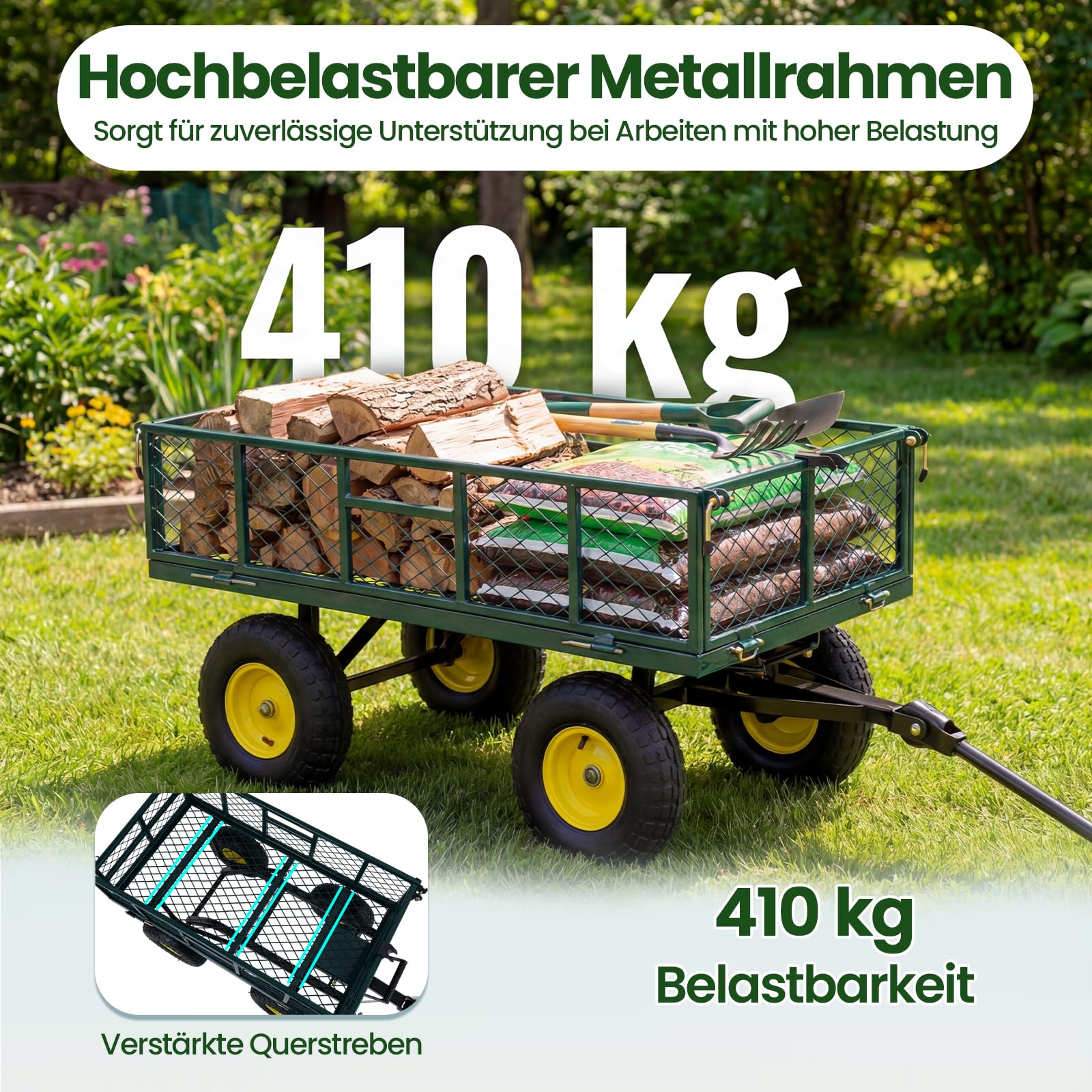 COSTWAY Wózek ogrodowy, metalowy wózek ogrodowy, do 410 kg, składany, 4 wyjmowane boki, wózek ręczny, składany z regulowanym uchwytem, torbą i oponami pneumatycznymi, wózek transportowy, wózek