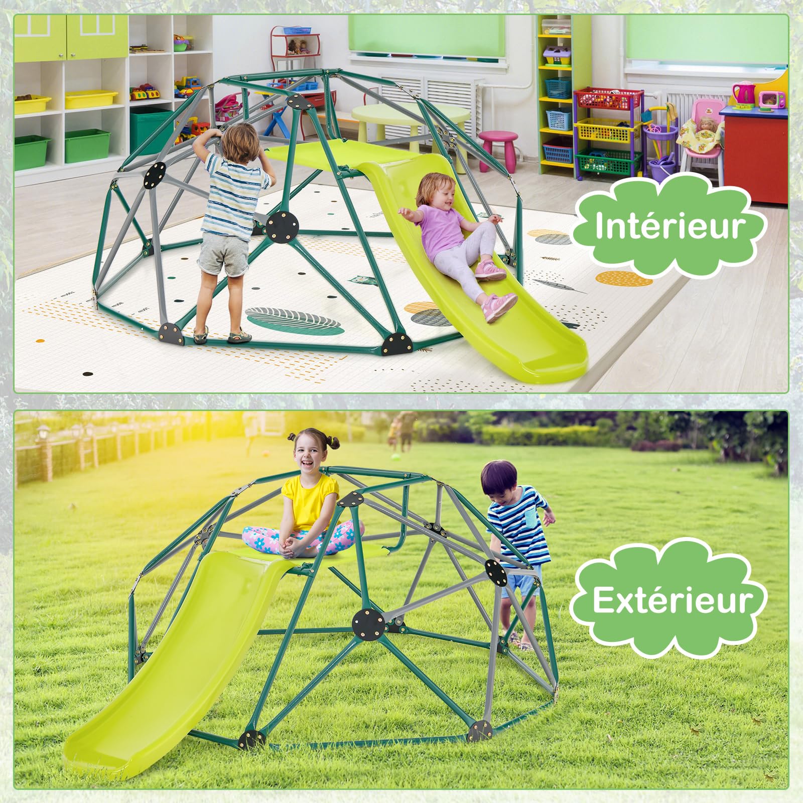 COSTWAY Dôme d'escalade de 241cm Enfant avec Toboggan, Cage d'escalade en Métal avec Coussin en Tissu, Charge Max 180kg, Aire de Jeux Extérieure Intérieure pour Garçons Filles de 3-10 Ans