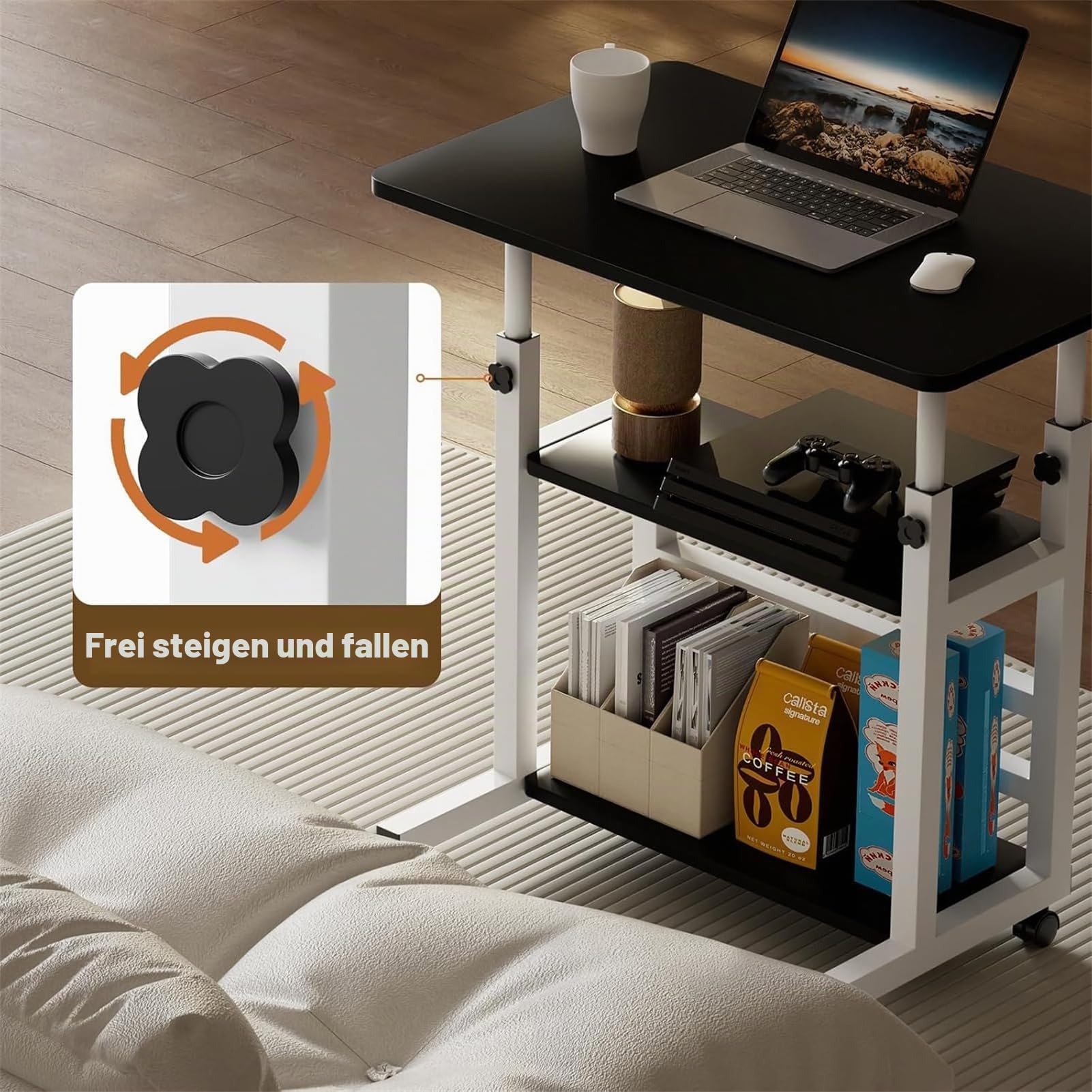 Warmiehomy Höhenverstellbarer Schreibtisch Platzsparender Laptoptisch 60x40cm Computertisch mit Rollen Schreibtisch Schwarz mit Regal Mobiler Beistelltisch PC Tisch für Home Office,Bett,Sofa,Schwarz