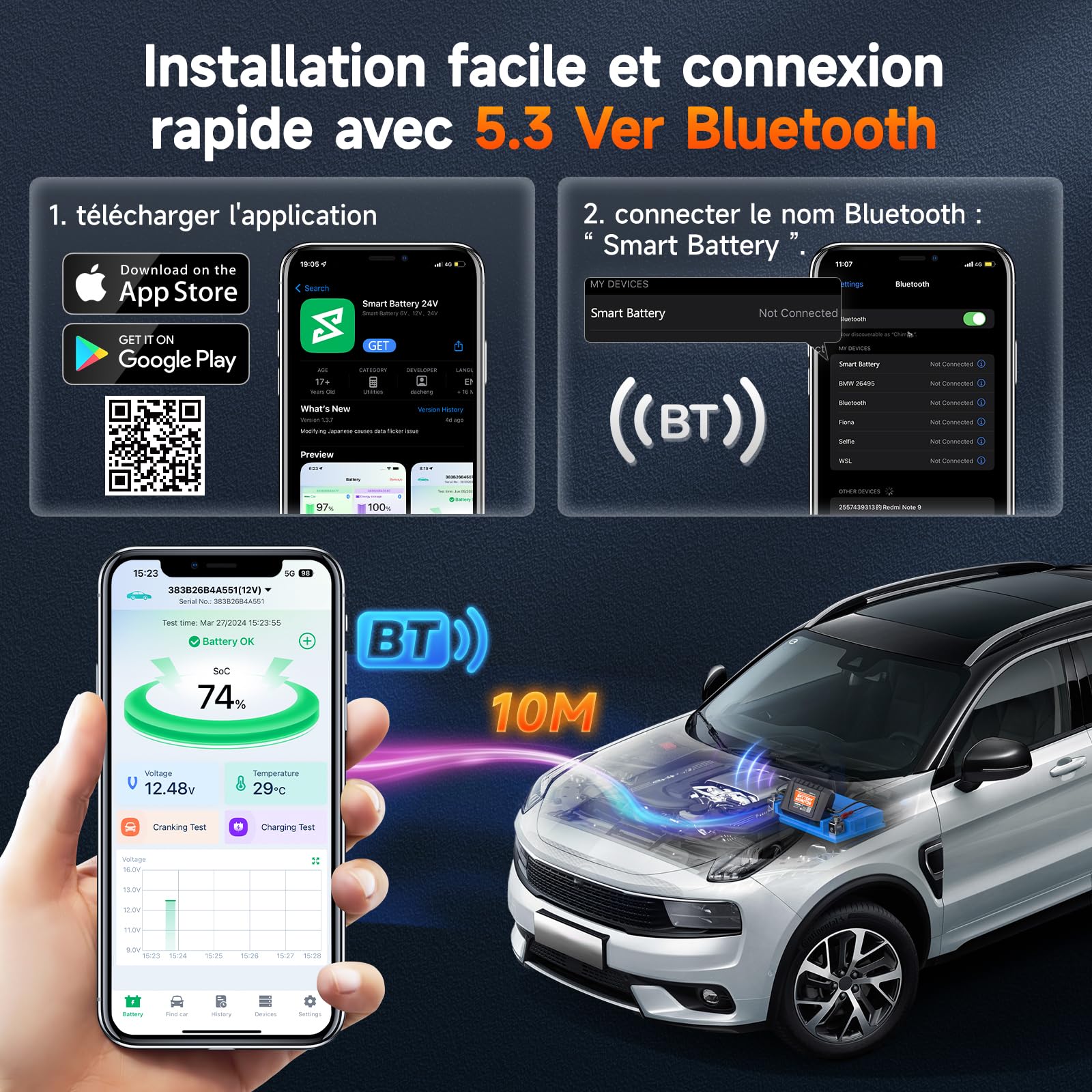 (Upgraded BM200) ANCEL BM300PRO Moniteur de Batterie 6V 12V 24V, Bluetooth 5.3 Battery Monitor de voiture avec test de charge, de système de démarrage & alarme, IP67 étanche pour camion moto bateau