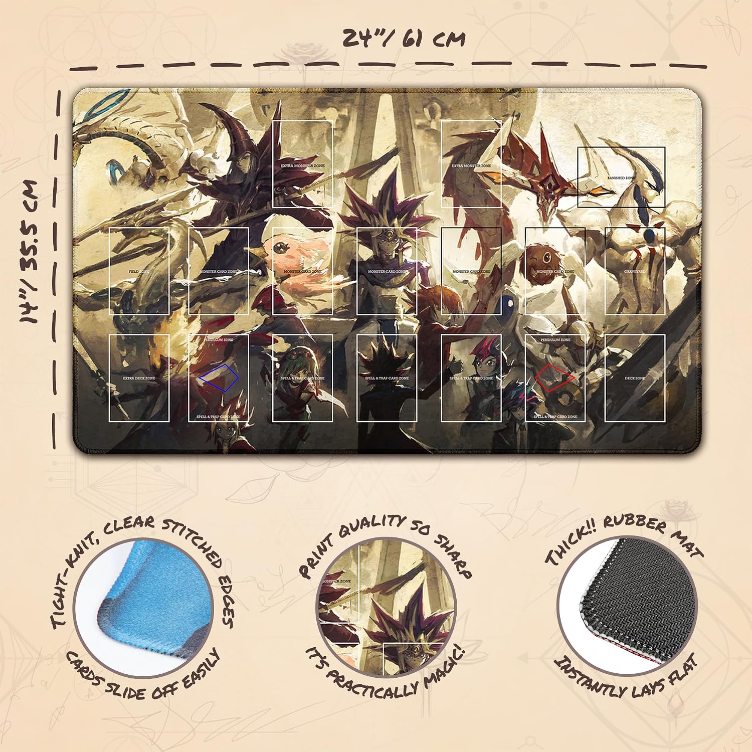 Protagonists & Ace Monsters (Stitched) - TCG Playmat – Master Rule Duel Field Zones, Large 1-Player Japanese Anime Card Game Mat