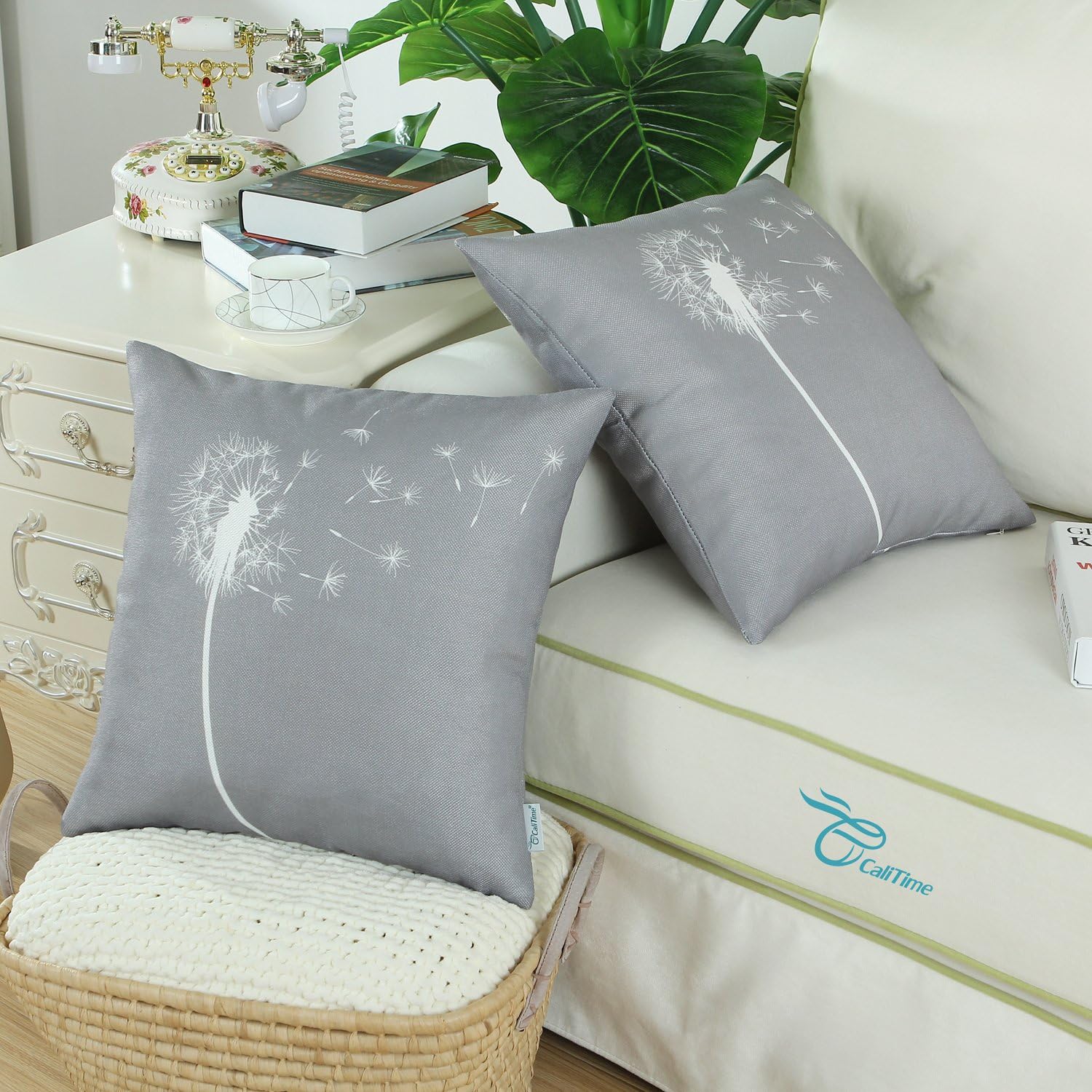 CaliTime Pack of 2 Canvas Throw Pillow Covers Cases for Couch Sofa Home Decoration Solid Dandelion Print Both Sides 18 X 18 Inches Medium Grey
