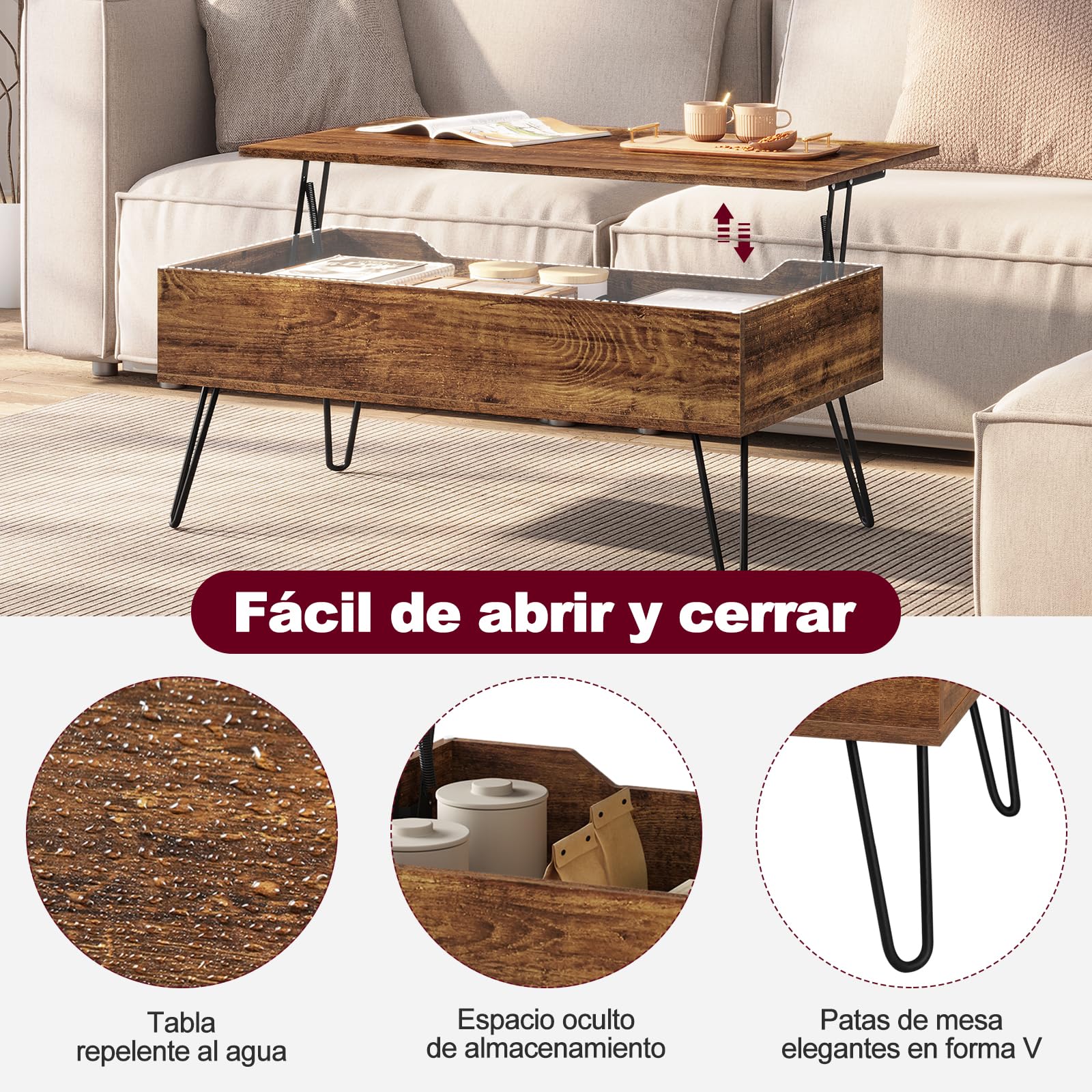 WOLTU Mesa de Centro Elevable y Extensible con Espacio Interno, Auxiliar con Patas Metálicas para Salón, 95x50x(40-55,5) cm, Madera Vintage, BTS18hov