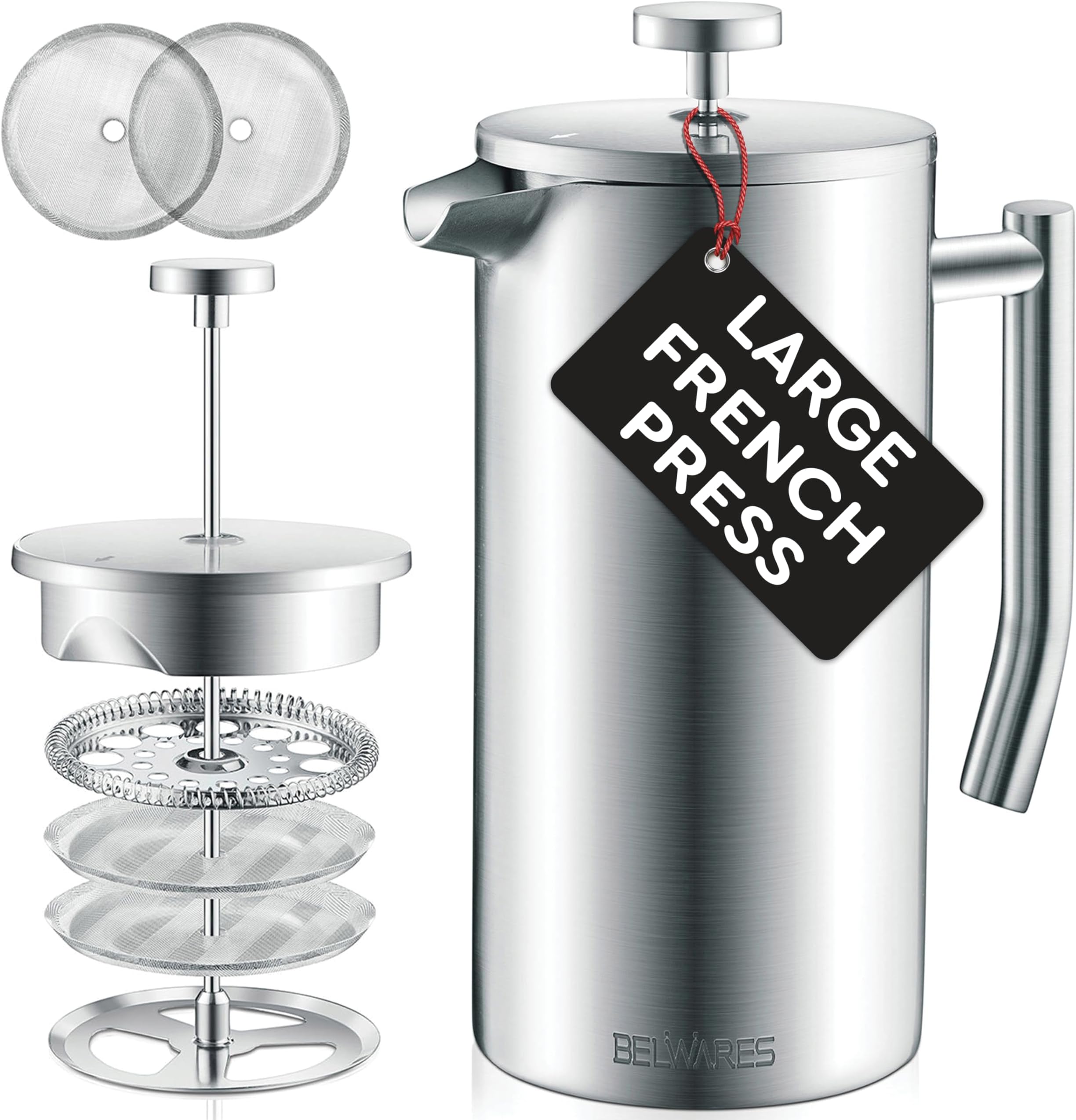 Large French Press Coffee Maker - 50oz Coffee Press, French Press Stainless Steel - Insulated French Coffee Press, Metal French Press Large - 1.5L
